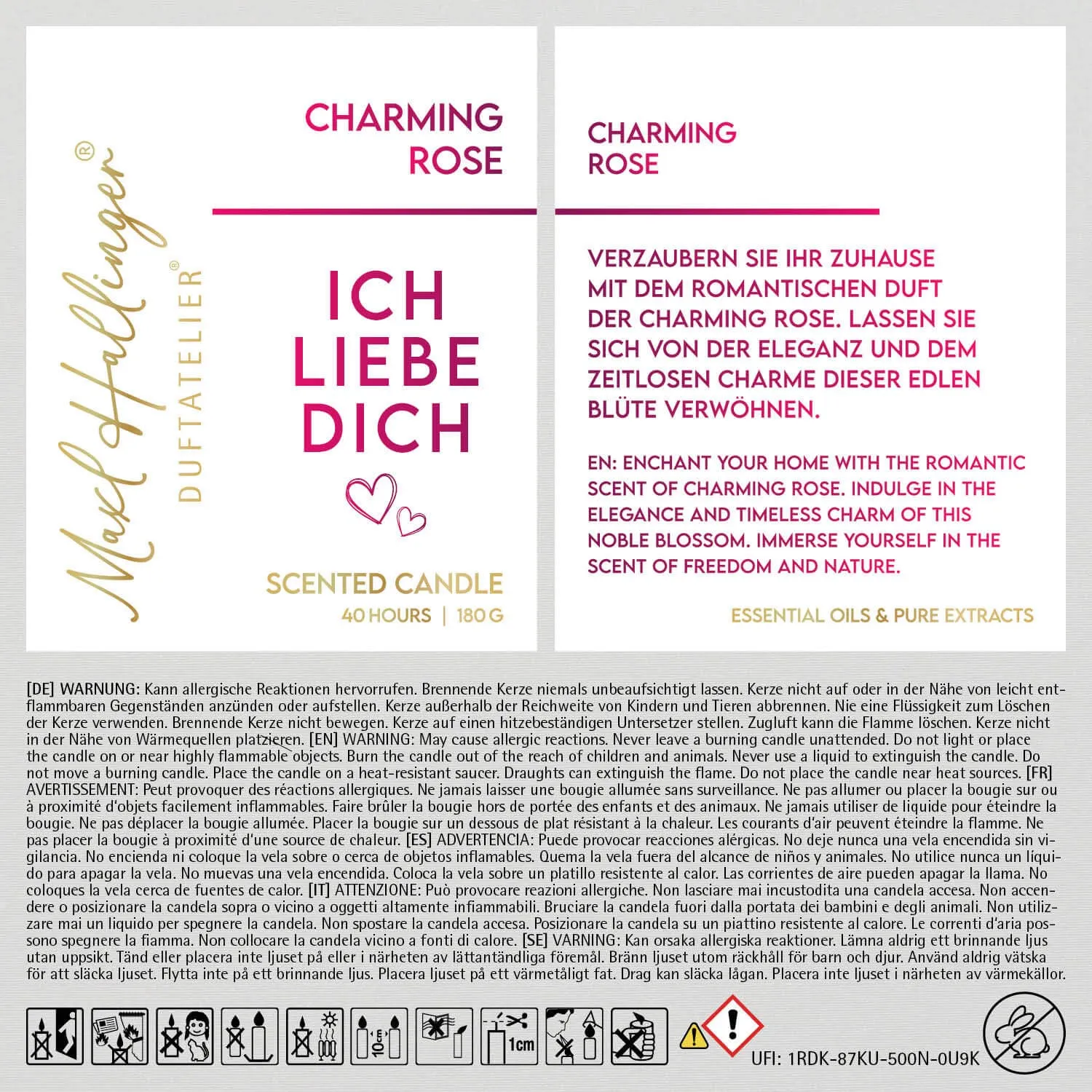 Ich liebe Dich pink (Rosenduft) - Duftkerze, 40h Raumduft Sojawachs