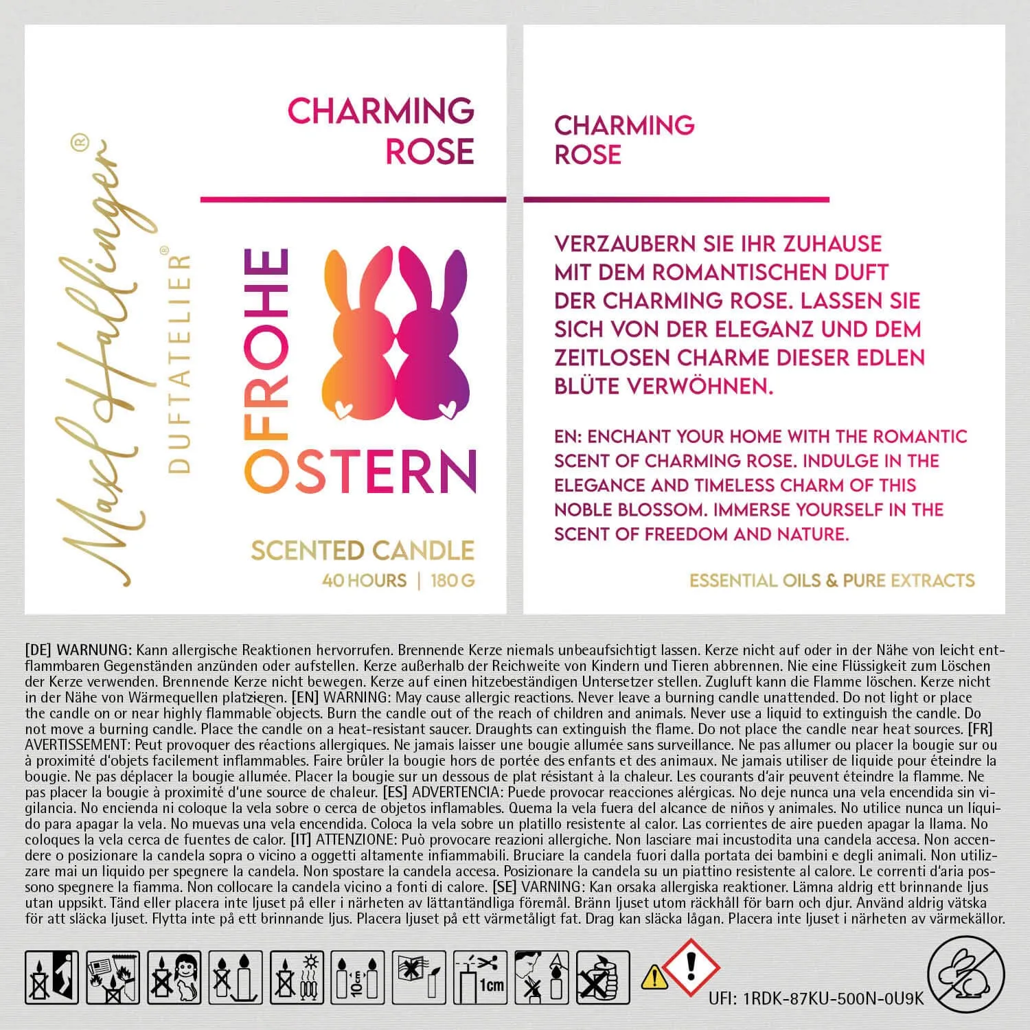 Frohe Ostern Häschen (Rosenduft) - Duftkerze, 40h Raumduft Sojawachs