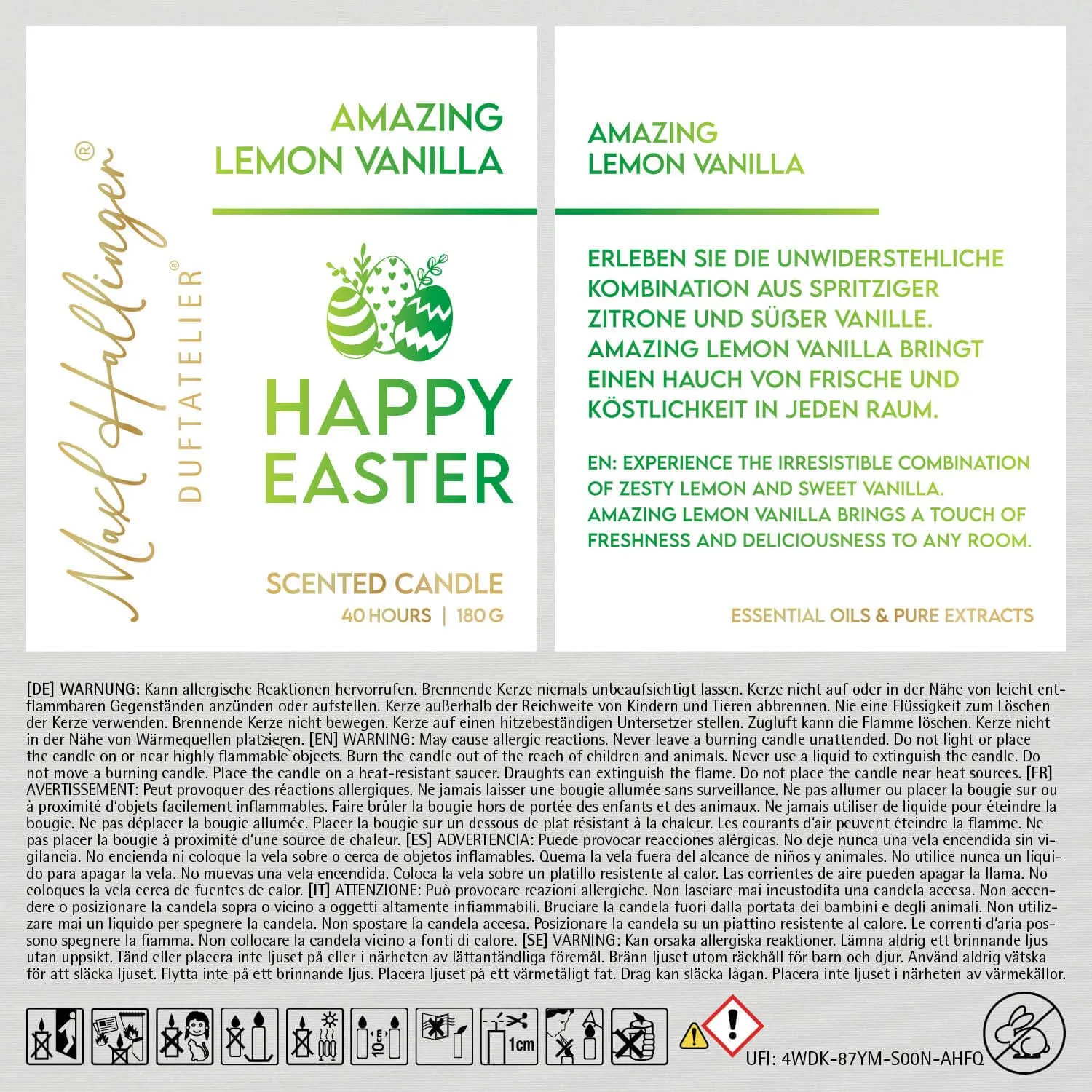 Happy Easter (Lemon-Vanille) - Duftkerze, 40h Raumduft Sojawachs