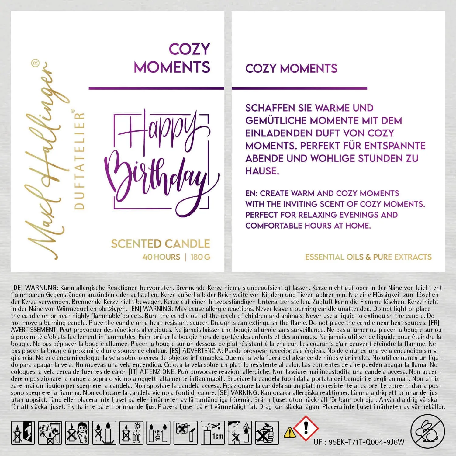 Happy Birthday purple (Cozy Moments) - Duftkerze, 40h Raumduft Sojawachs