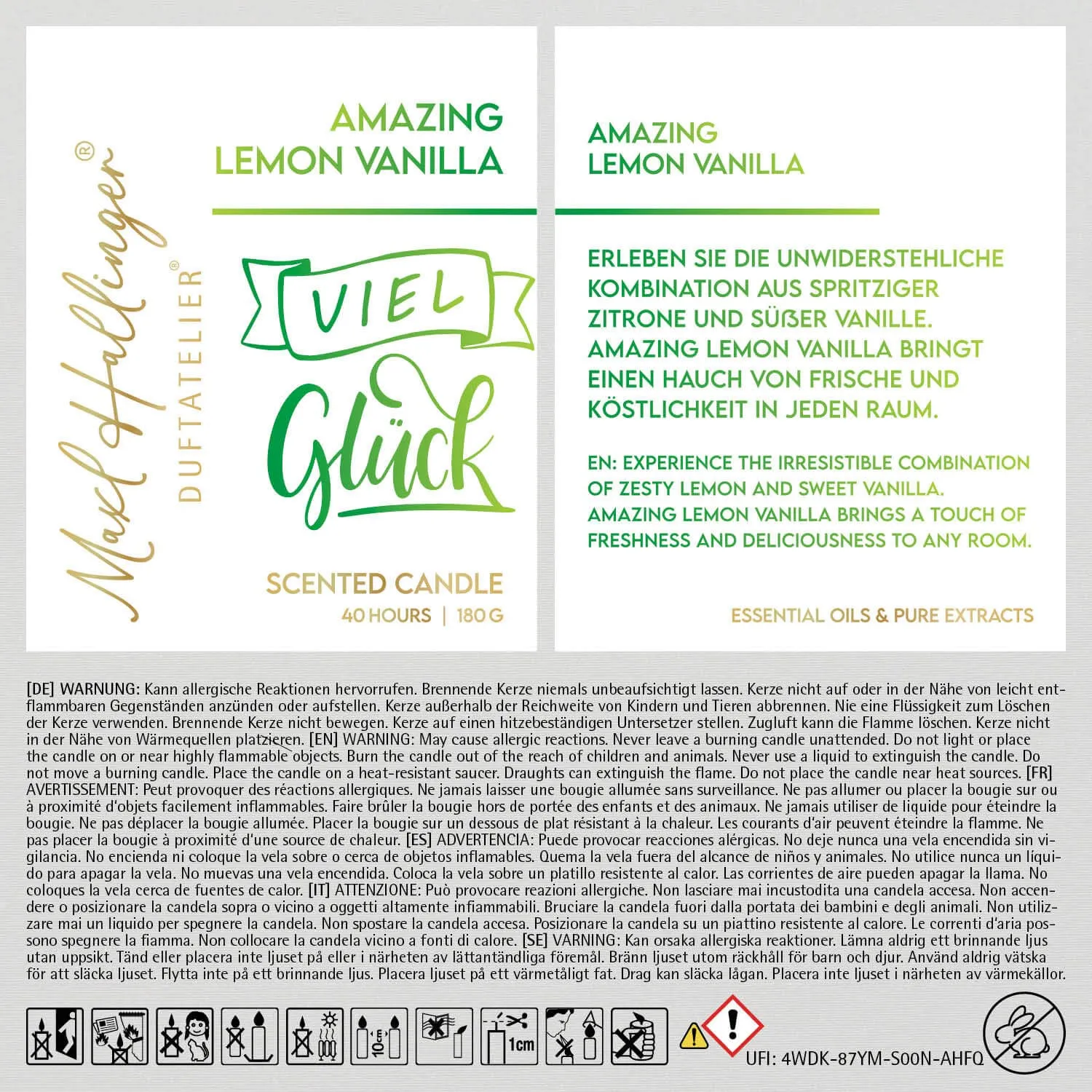 Viel Glück (Lemon-Vanille) - Duftkerze, 40h Raumduft Sojawachs