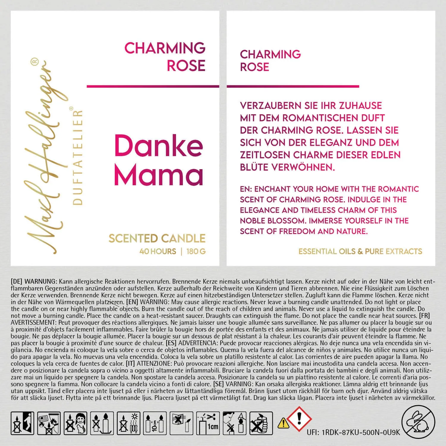 Danke Mama (Rosenduft) - Duftkerze, 40h Raumduft Sojawachs