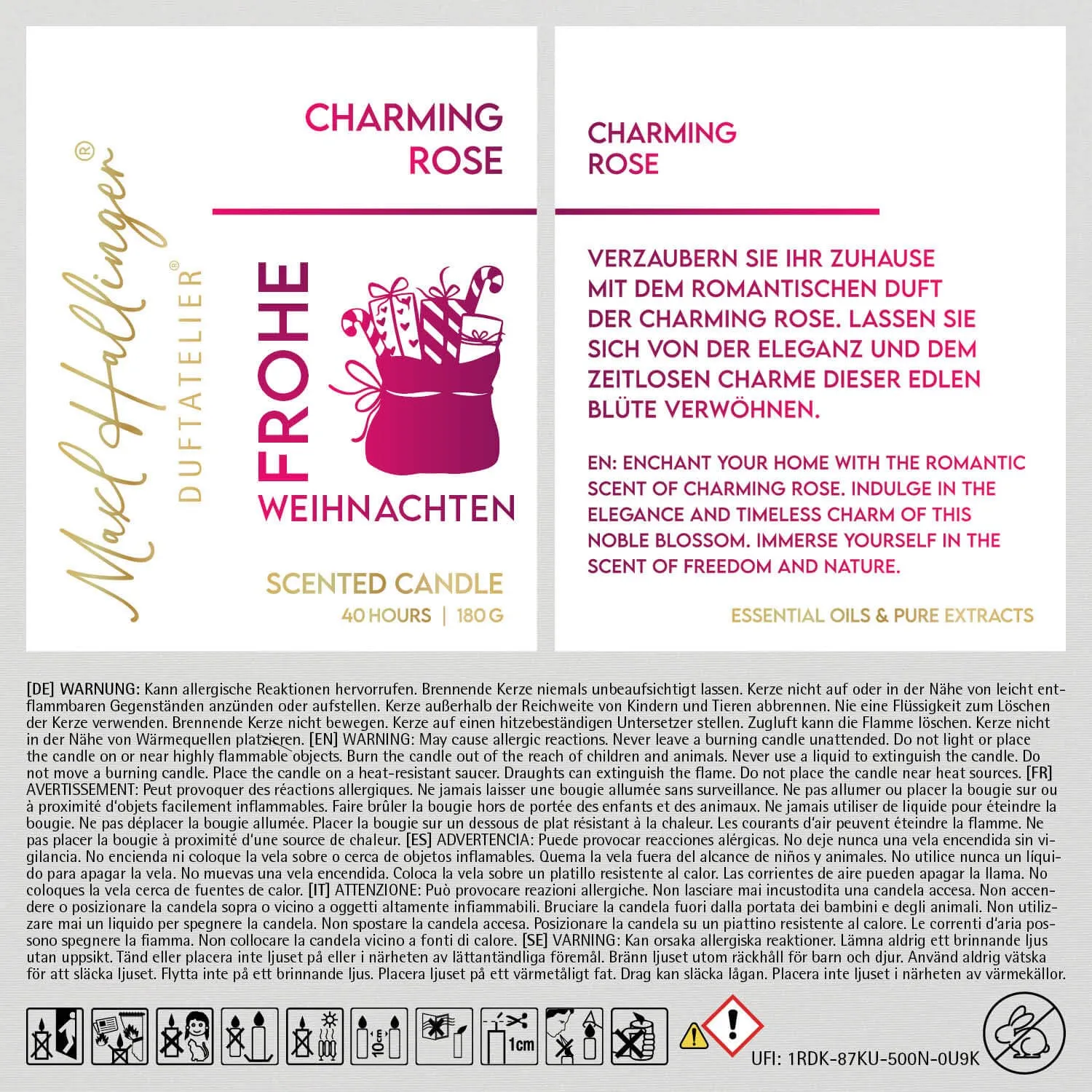 Frohe Weihnachten Geschenke (Rosenduft) - Duftkerze, 40h Raumduft Sojawachs