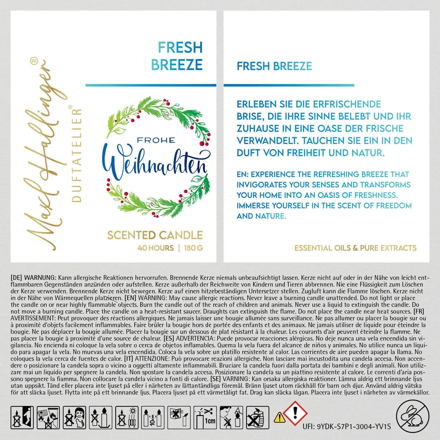 Frohe Weihnachten grüner Kranz (Fresh Breeze) - Duftkerze, 40h Raumduft Sojawachs