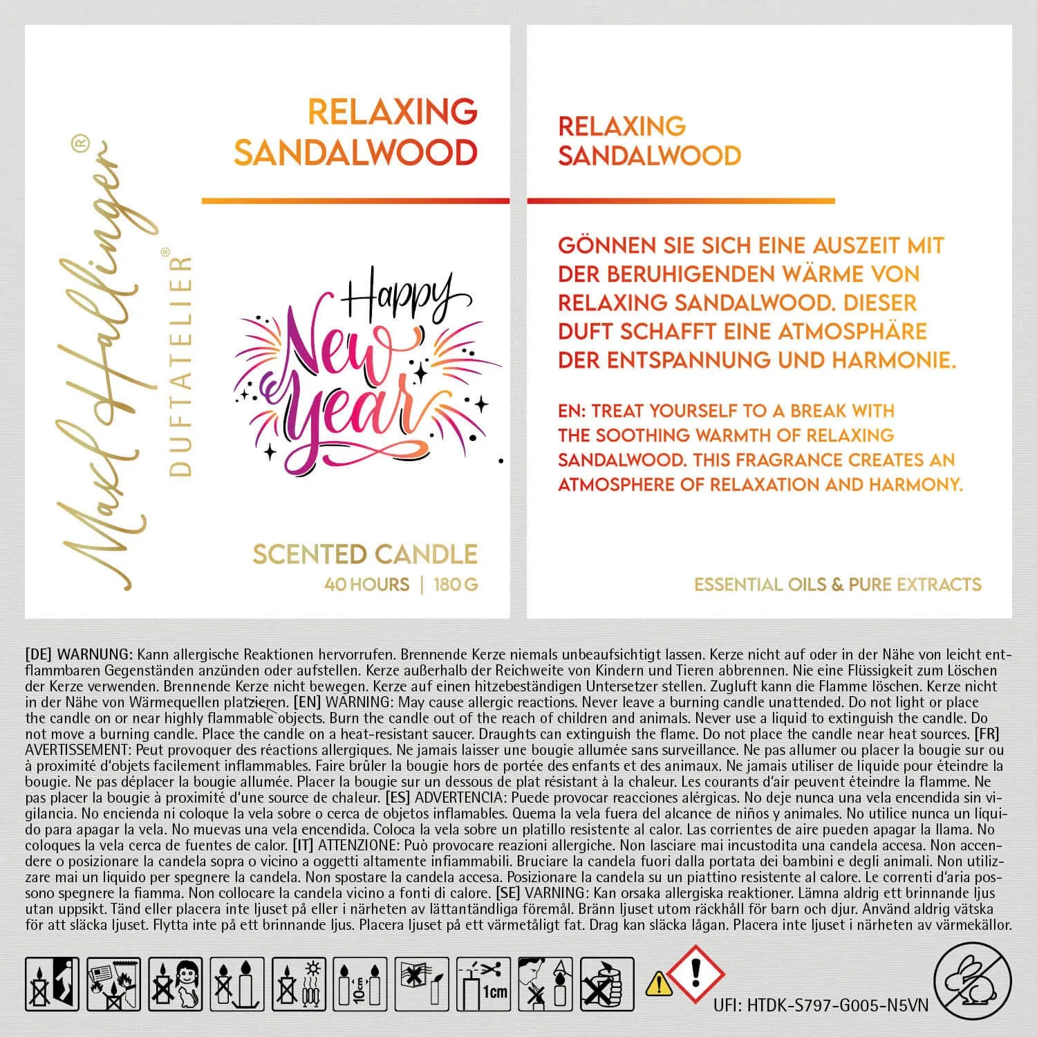 Happy New Year pink orange (Sandelholz) - Duftkerze, 40h Raumduft Sojawachs