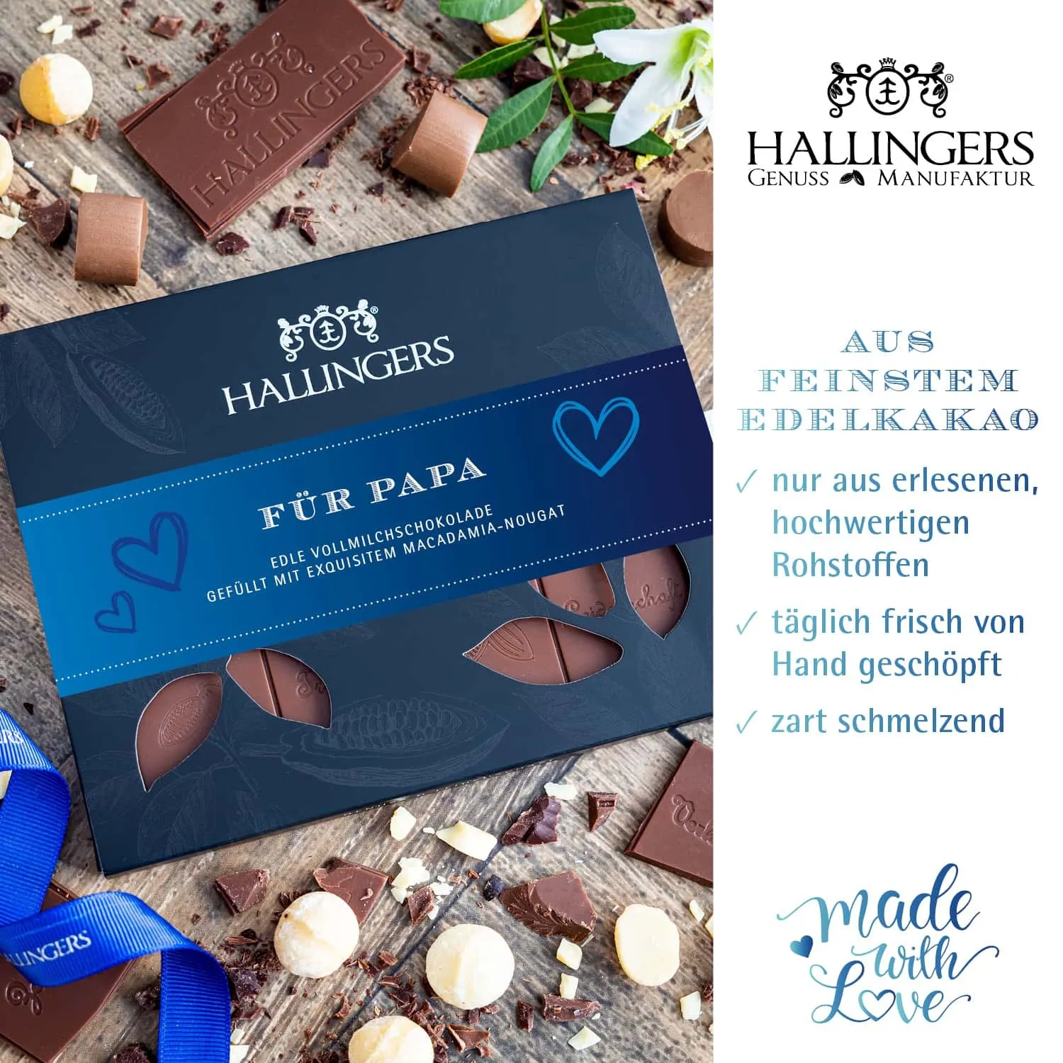 Vatertag blue (großes Mitbringsel Schokolade, Pralinen, Wein, Gewürze & Nougatmandeln) - Feinkost-Set, XXL-Geschenkkorb Gourmet