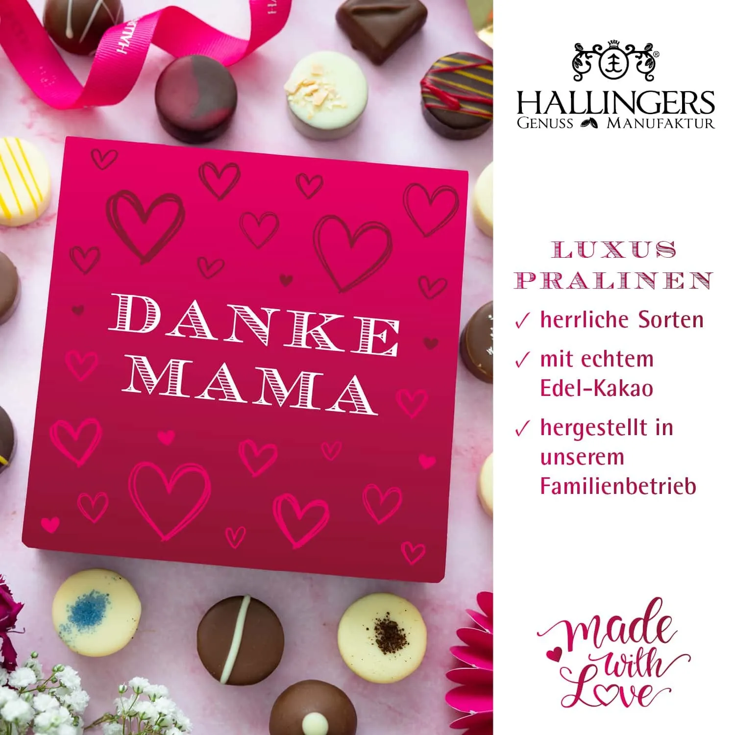 BESONDERS STATT GEWÖHNLICH - Edition \Muttertag Box pink\: Während andere auf Masse setzen, entsteht echter Feinkost-Genuss durch perfekt abgestimmte Spezialitäten (großes Mitbringsel Schokolade, Pralinen, Gewürze & Nougatmandeln)