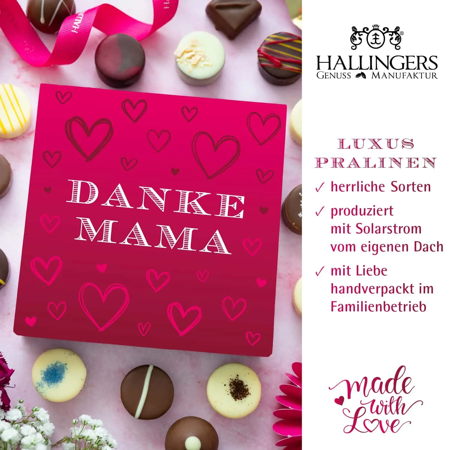 BESONDERS STATT GEWÖHNLICH - Edition \Muttertag Bag pink\: Während andere auf Masse setzen, entsteht echter Feinkost-Genuss durch perfekt abgestimmte Spezialitäten (großes Mitbringsel Schokoladen-Tafel, 9er-Pralinen & Verwöhnpause-Tee)