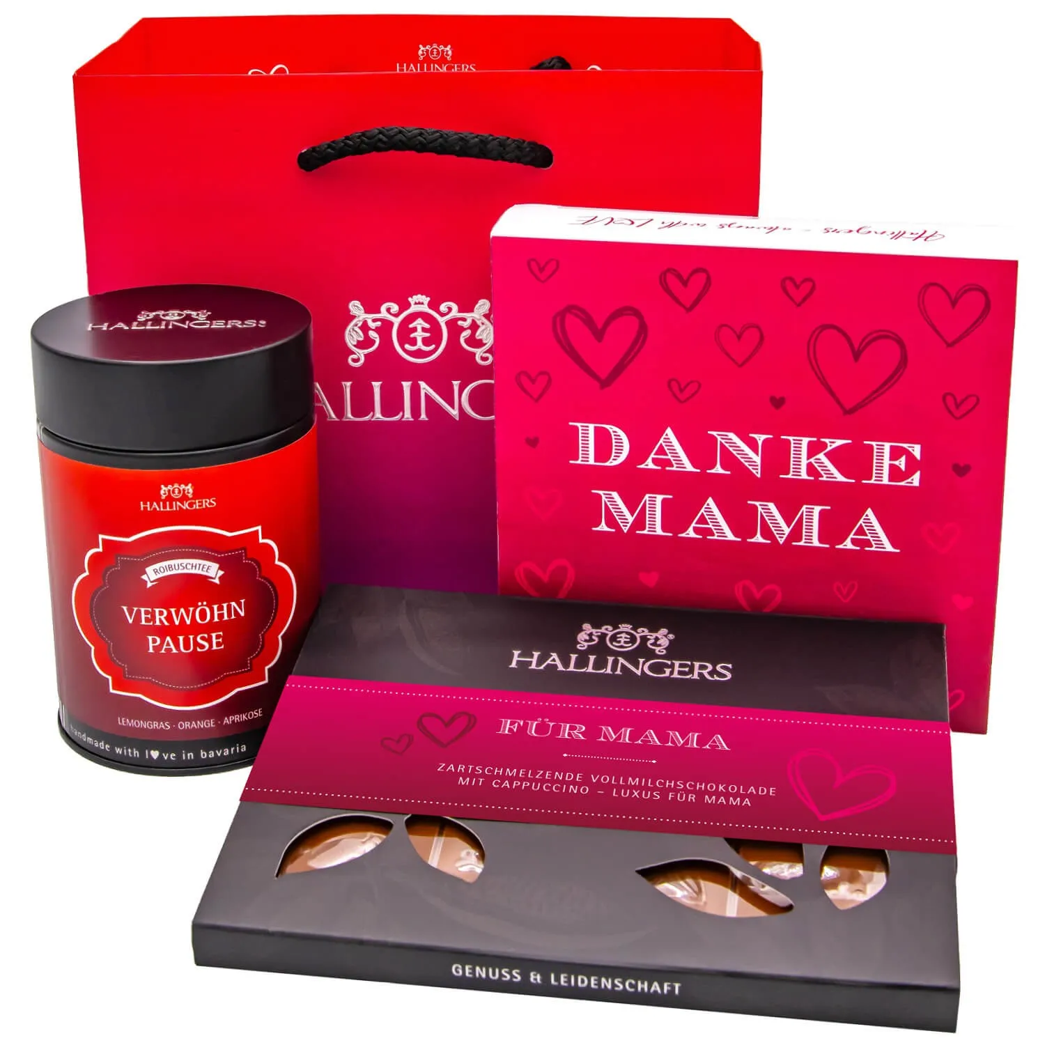Muttertag Bag pink (großes Mitbringsel Schokoladen-Tafel, 9er-Pralinen & Verwöhnpause-Tee) - Feinkost-Set, Gourmet-Auswahl XL