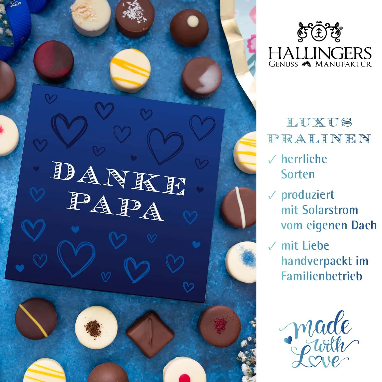 BESONDERS STATT GEWÖHNLICH - Edition \Vatertag Bag blue\: Während andere auf Masse setzen, entsteht echter Feinkost-Genuss durch perfekt abgestimmte Spezialitäten (großes Mitbringsel Schokoladen-Tafel, 9er-Pralinen & Gewürze-Rub)