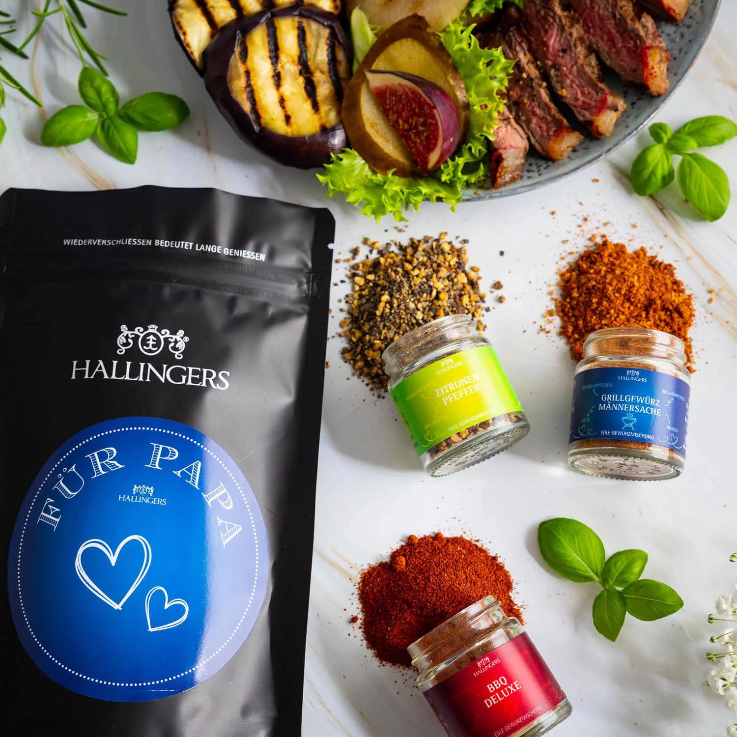 Für Papa (kleines Mitbringsel Grill-Gewürze & Zitronen-Pfeffer im Miniglas) - Feinkost-Set, Gourmet-Auswahl Wundertüte