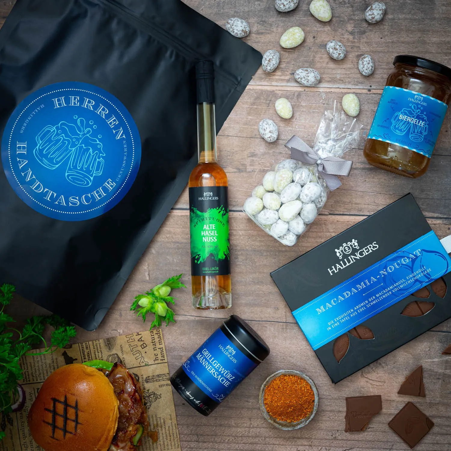 Herrenhandtasche XXL (großes Mitbringsel Haselnusslikör, Gewürz, Biergelée & Nougat-Mandeln) - Feinkost-Set, XXL-Wundertüte Gourmet
