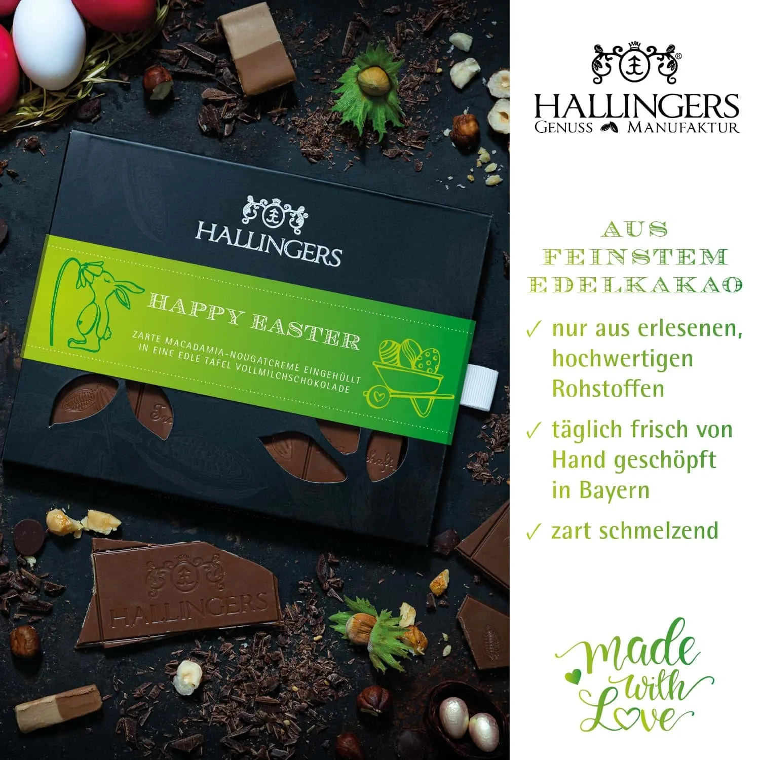BESONDERS STATT GEWÖHNLICH - Edition \Easter Bag green yellow\: Während andere auf Masse setzen, entsteht echter Feinkost-Genuss durch perfekt abgestimmte Spezialitäten (großes Osternest 1 Schokoladen-Tafel, 9 Trüffel & 20 Pralinen-Ostereier)