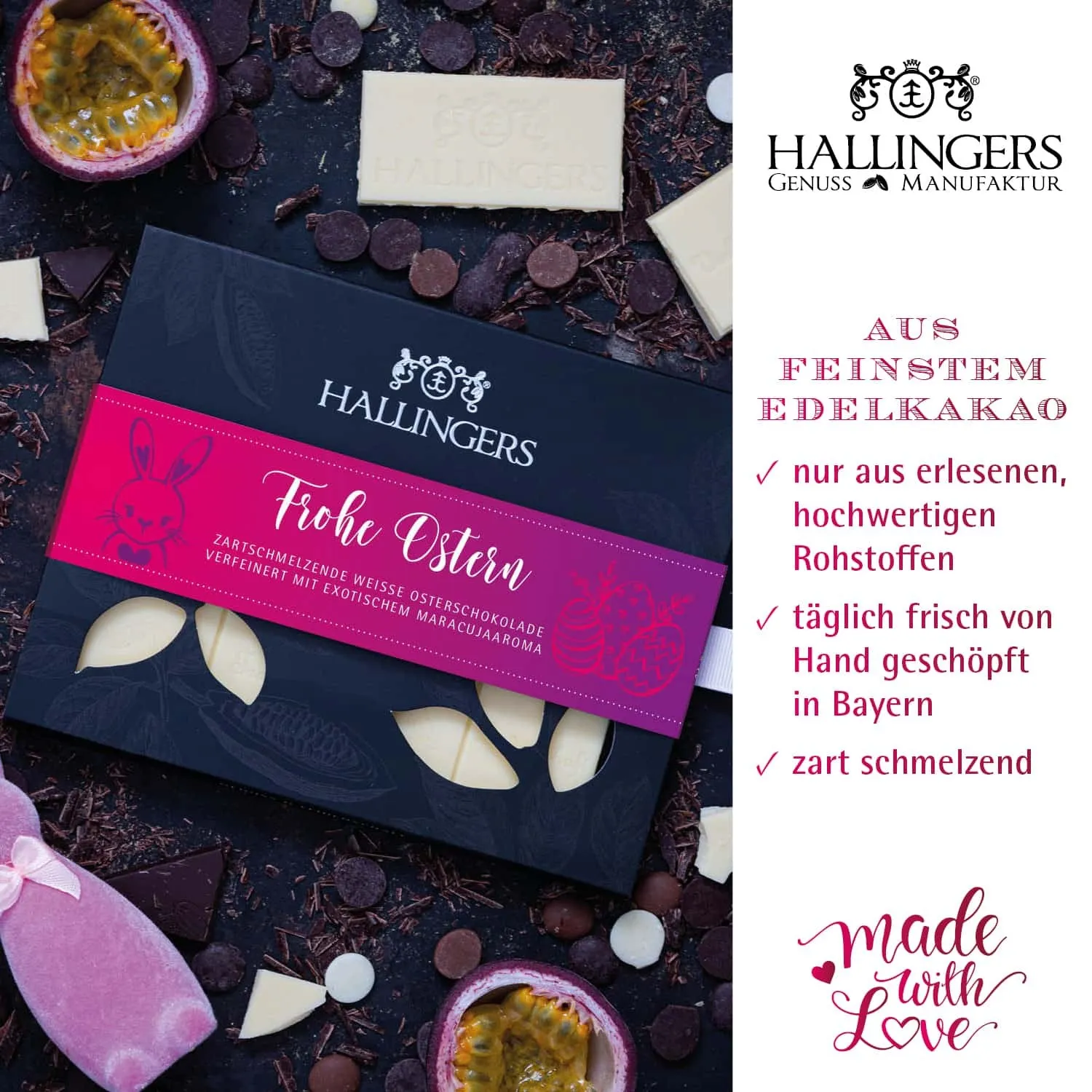 BESONDERS STATT GEWÖHNLICH - Edition \Easter Bag yellow purple\: Während andere auf Masse setzen, entsteht echter Feinkost-Genuss durch perfekt abgestimmte Spezialitäten (großes Osternest 1 Schokoladen-Tafel, 9 Trüffel & 20 Pralinen-Ostereier)