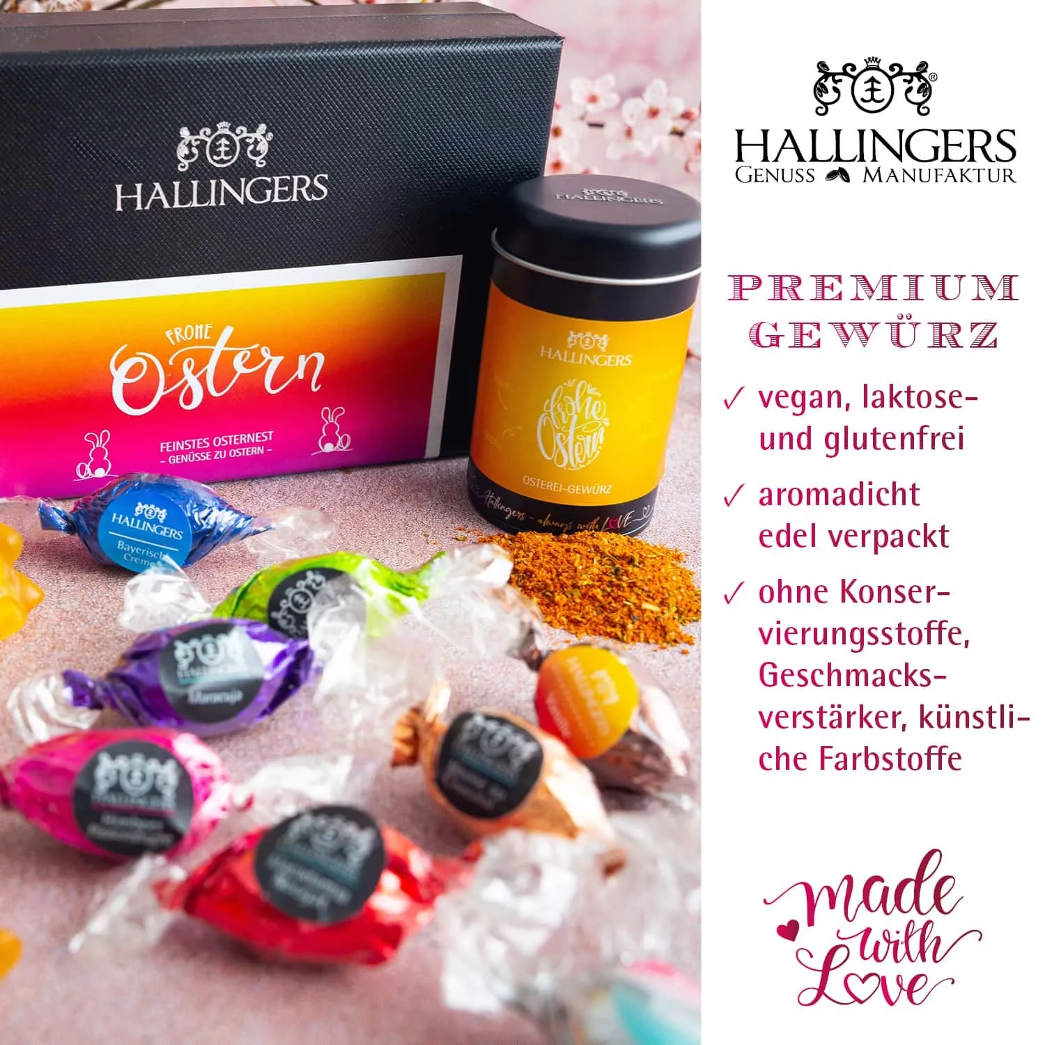 BESONDERS STATT GEWÖHNLICH - Edition \Frohe Ostern Osternest\: Während andere auf Masse setzen, entsteht echter Feinkost-Genuss durch perfekt abgestimmte Spezialitäten (großes Osternest Pralinen-Ostereier, Eigewürz & Fruchtsaftbärchen)