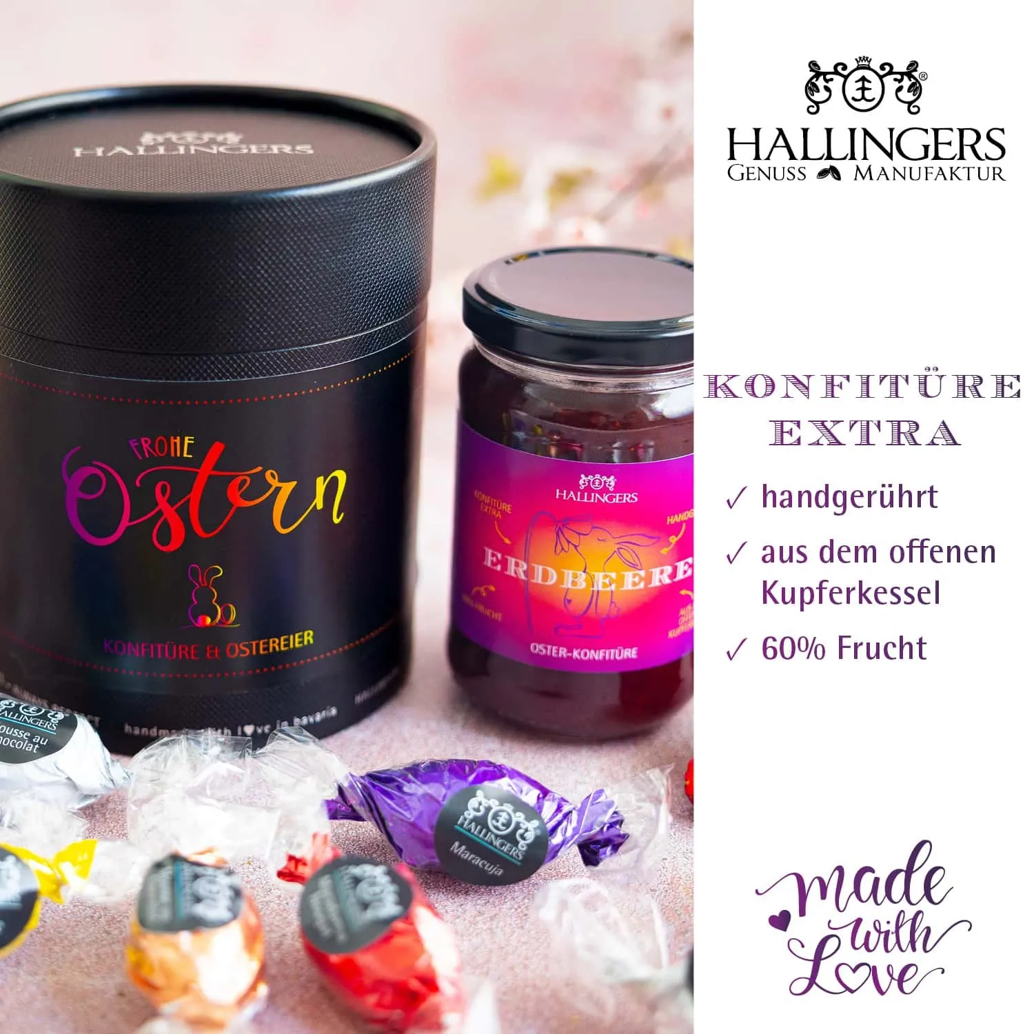 BESONDERS STATT GEWÖHNLICH - Edition \Frohe Ostern black\: Während andere auf Masse setzen, entsteht echter Feinkost-Genuss durch perfekt abgestimmte Spezialitäten (großes Osternest mit 17 Pralinen-Ostereiern & Erdbeer-Konfitüre)