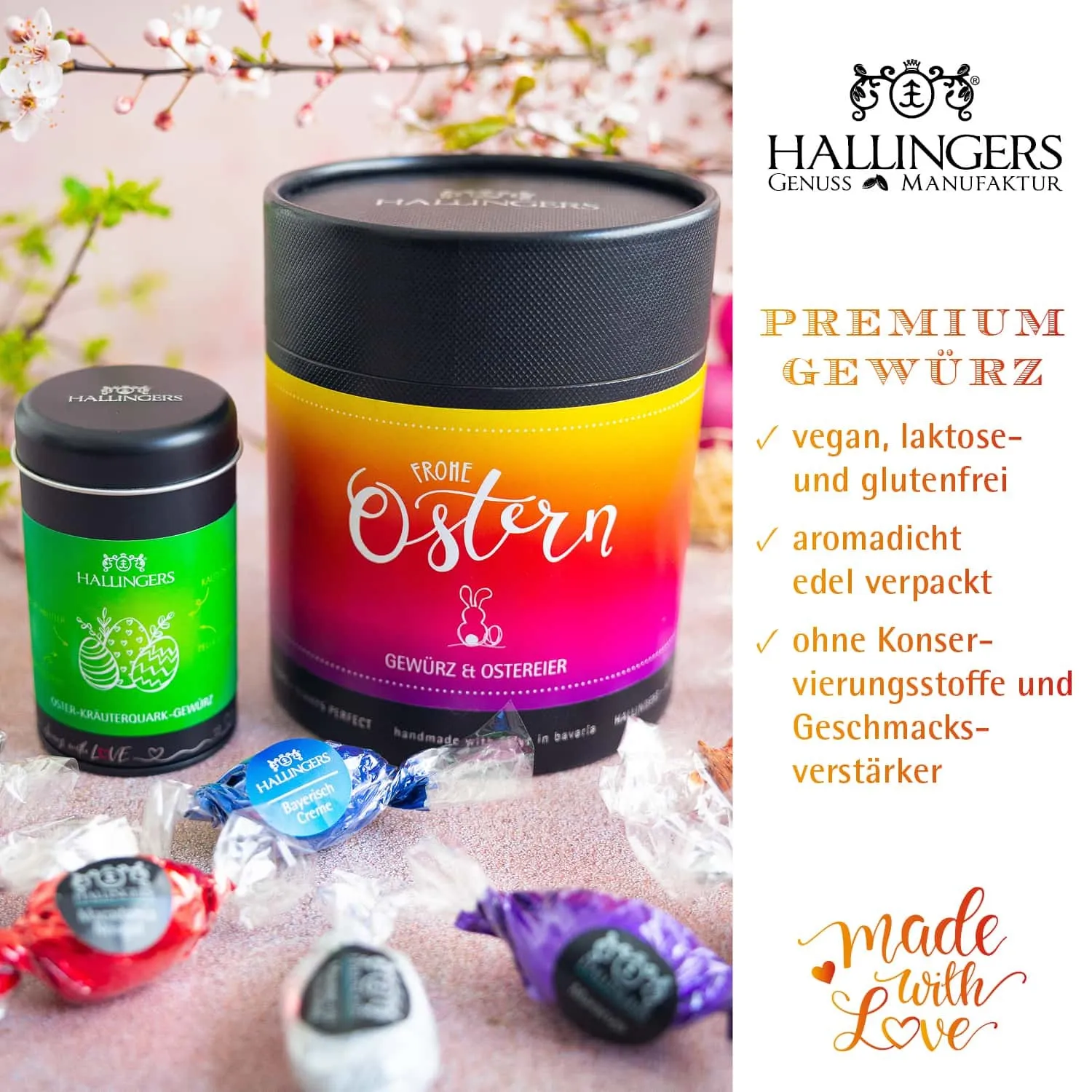 BESONDERS STATT GEWÖHNLICH - Edition \Frohe Ostern colorful\: Während andere auf Masse setzen, entsteht echter Feinkost-Genuss durch perfekt abgestimmte Spezialitäten (großes Osternest mit 17 Pralinen-Ostereiern & Gewürz-Kräuterquark)
