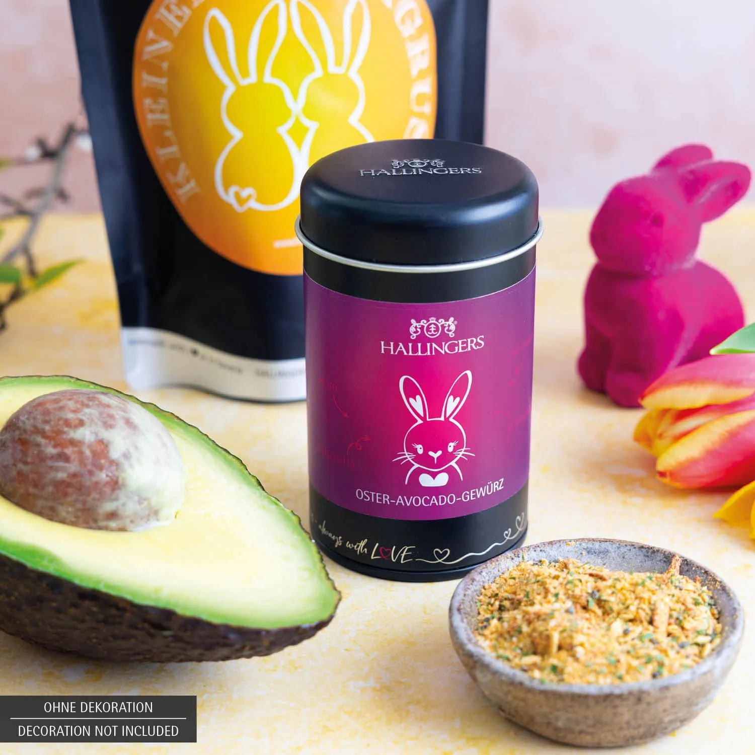 Kleiner Ostergruß orange (kleines Osternest Pralinen-Ostereier & Avocado-Gewürz) - Feinkost-Set, Gourmet-Auswahl Wundertüte