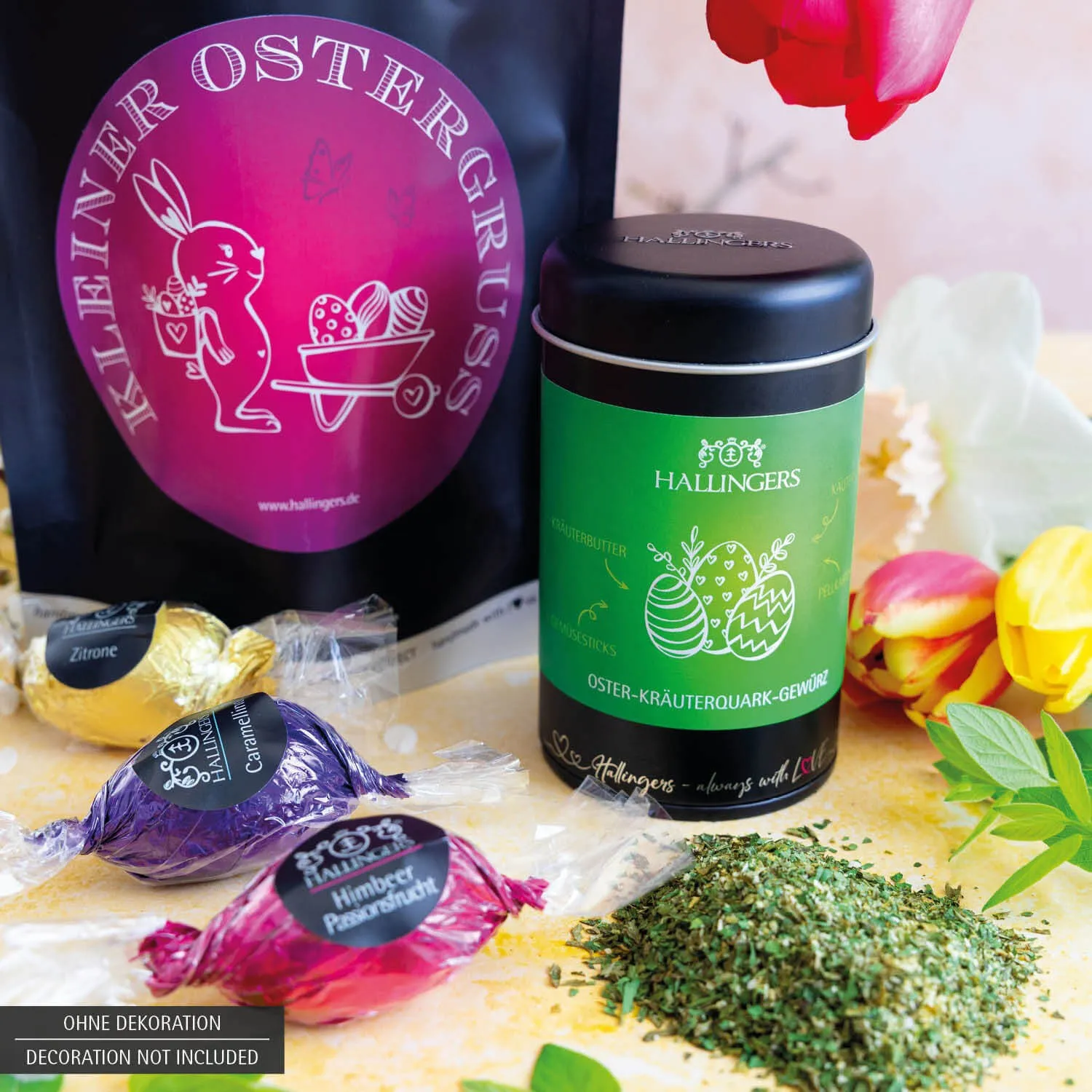 Kleiner Ostergruß purple (kleines Osternest Pralinen-Ostereier & Oster-Quark-Gewürz) - Feinkost-Set, Gourmet-Auswahl Wundertüte