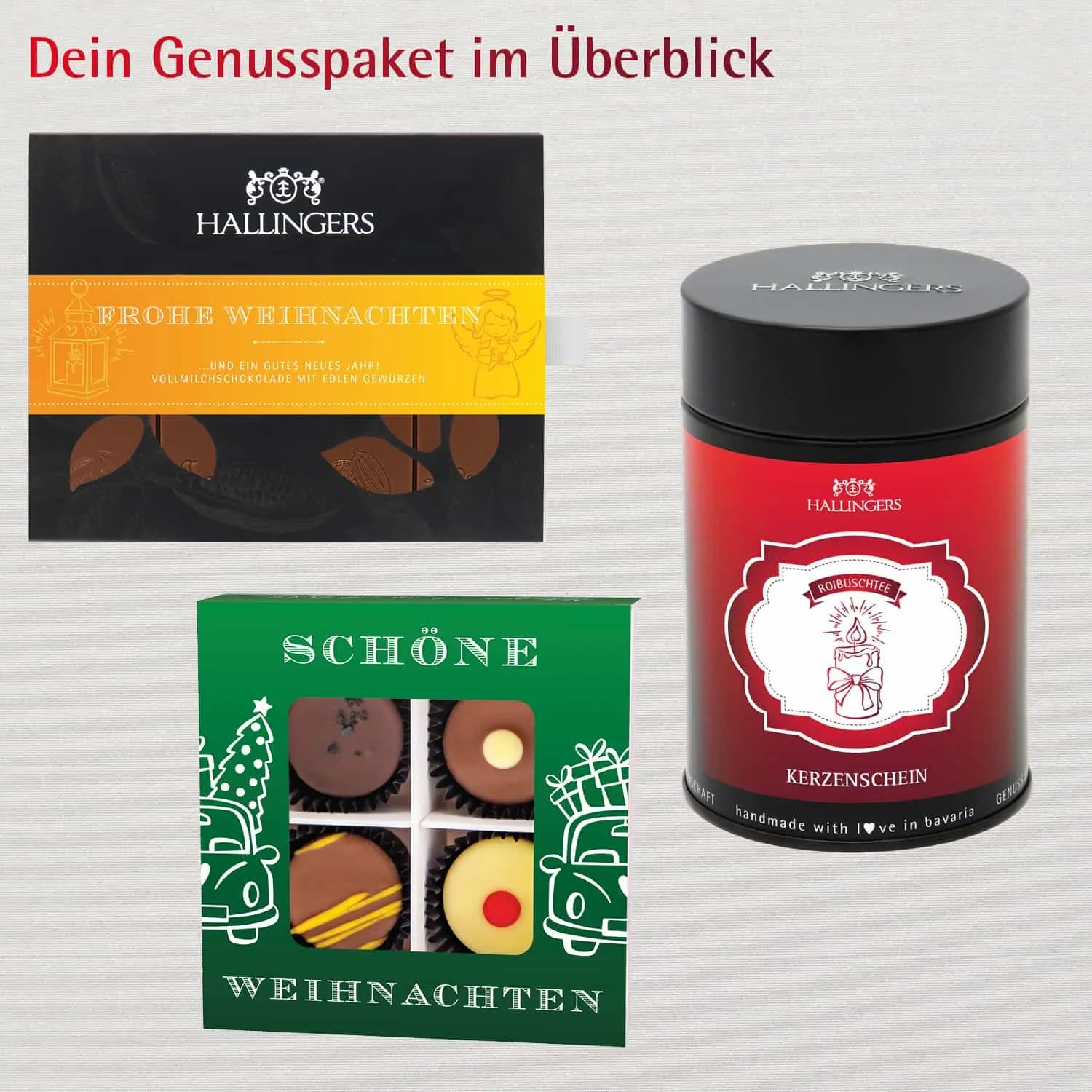Frohe Weihnachten - Klein No. 01 (großes Mitbringsel KerzenscheinTee Tafel Schokolade & 4er Pralinen) - Feinkost-Set, Gourmet-Auswahl XL