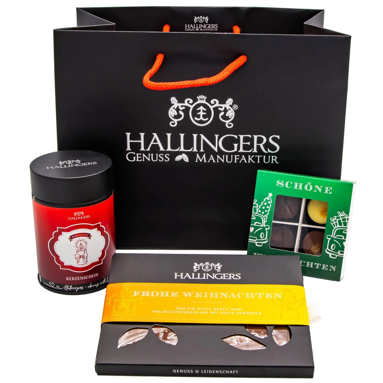 Frohe Weihnachten - Klein No. 01 (großes Mitbringsel KerzenscheinTee Tafel Schokolade & 4er Pralinen) - Feinkost-Set, Gourmet-Auswahl XL