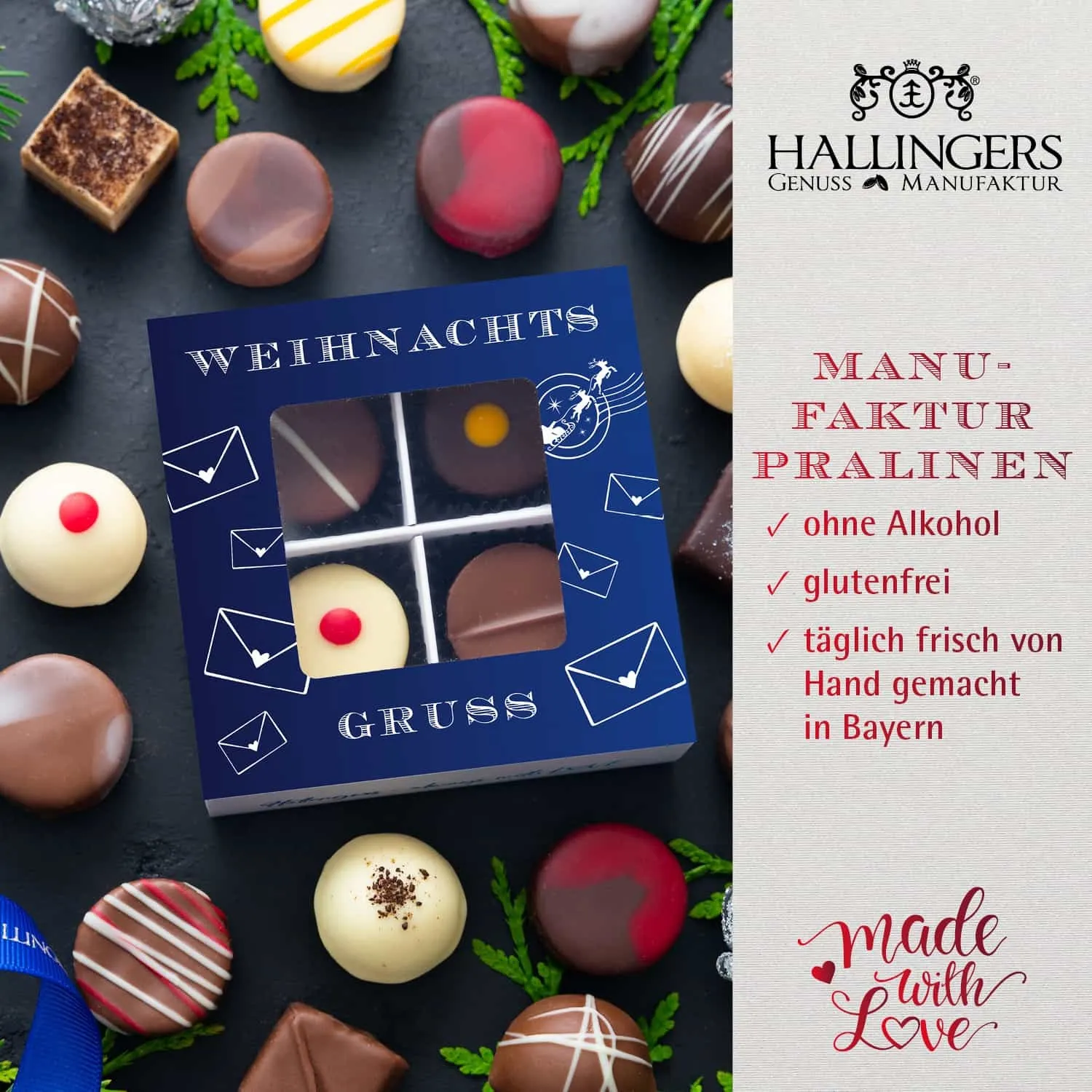 BESONDERS STATT GEWÖHNLICH - Edition \Frohe Weihnachten - Groß No. 01\: Während andere auf Masse setzen, entsteht echter Feinkost-Genuss durch perfekt abgestimmte Spezialitäten (großes Mitbringsel Tafel Schokolade Pralinen Nougat-Mandeln & Tee)