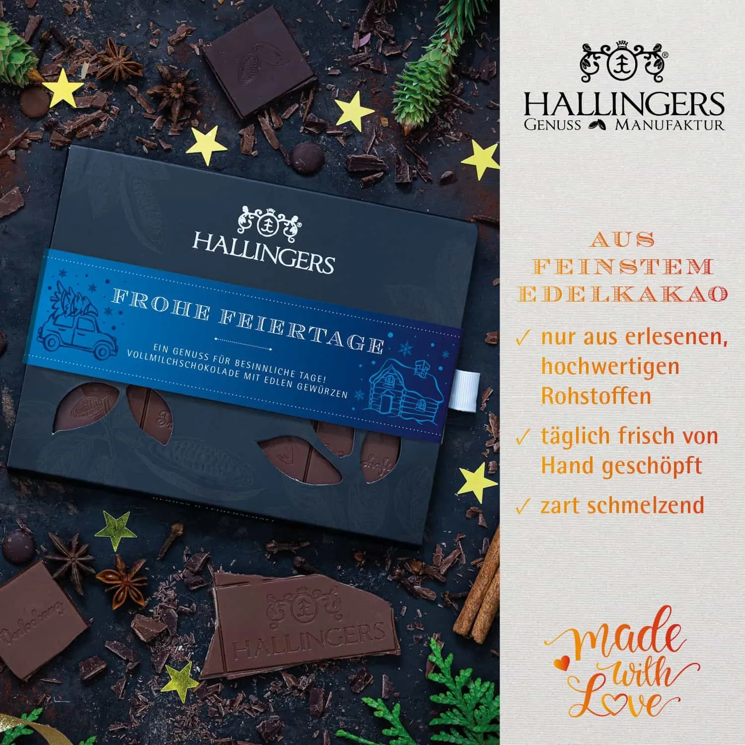 Frohe Weihnachten - Groß No. 01 (großes Mitbringsel Tafel Schokolade Pralinen Nougat-Mandeln & Tee) - Feinkost-Set, Gourmet-Auswahl XXL