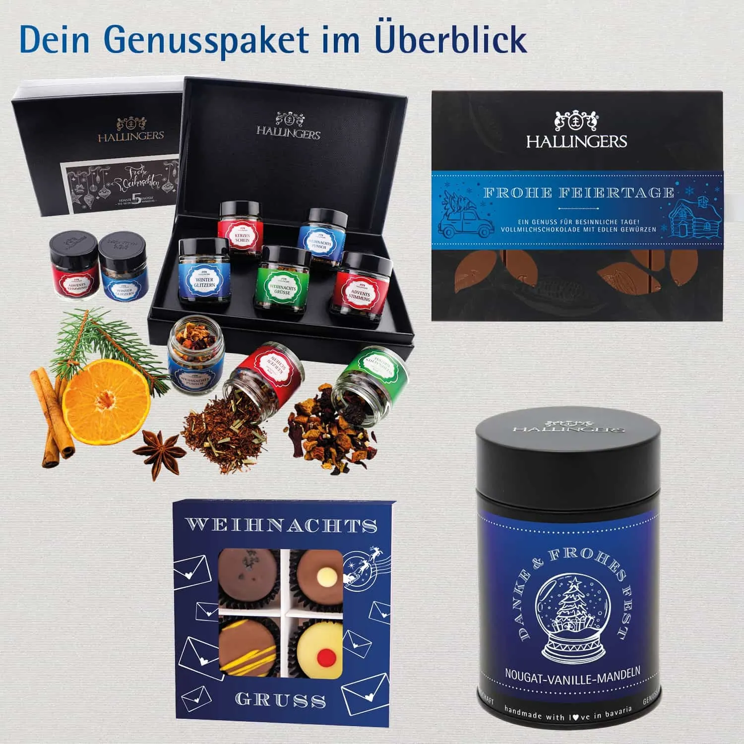 Frohe Weihnachten - Groß No. 01 (großes Mitbringsel Tafel Schokolade Pralinen Nougat-Mandeln & Tee) - Feinkost-Set, Gourmet-Auswahl XXL