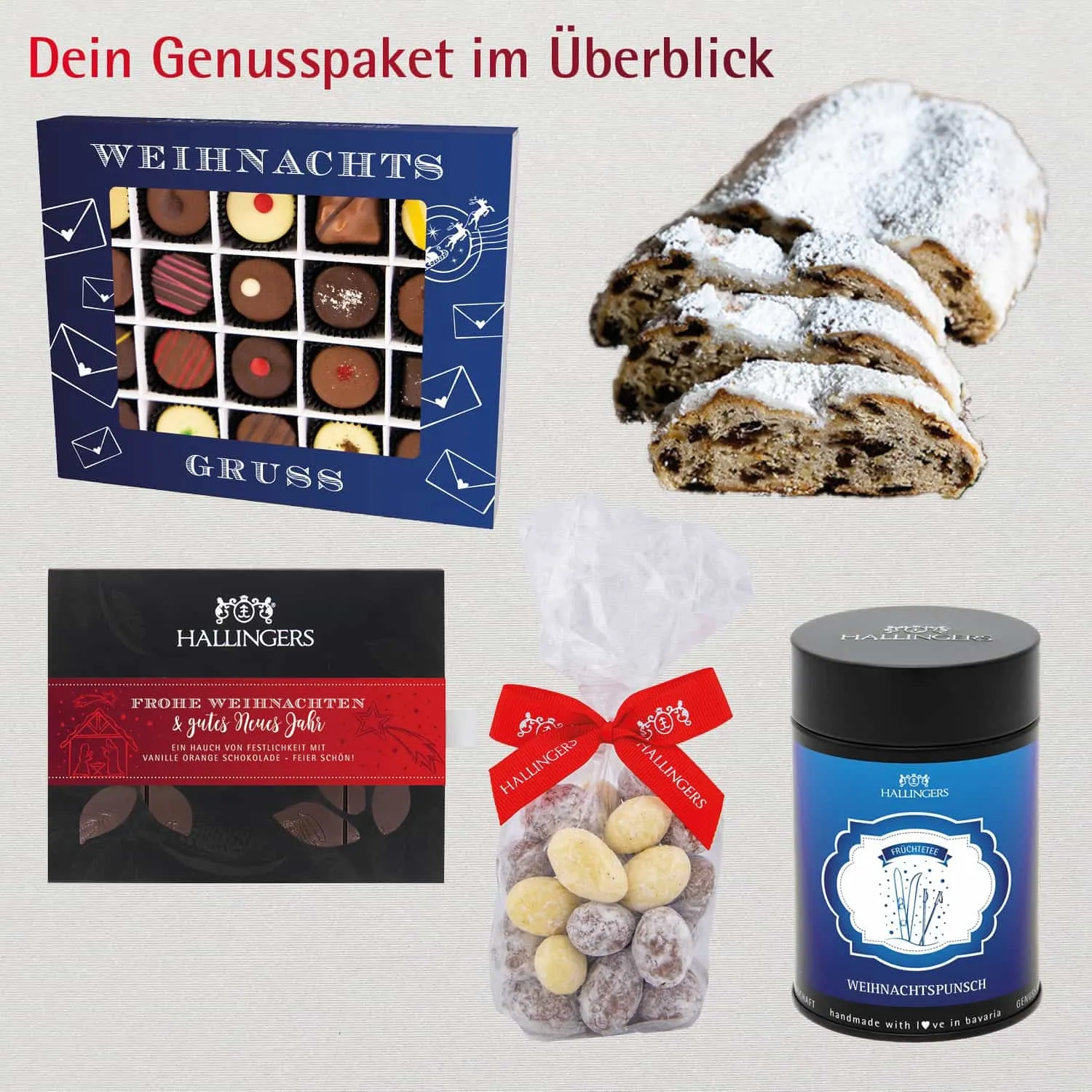Stollen & More (großes Mitbringsel Christstollen, Schokolade, Tee, Mandeln & 20er Pralinen) - Feinkost-Set, Gourmet-Auswahl XXL
