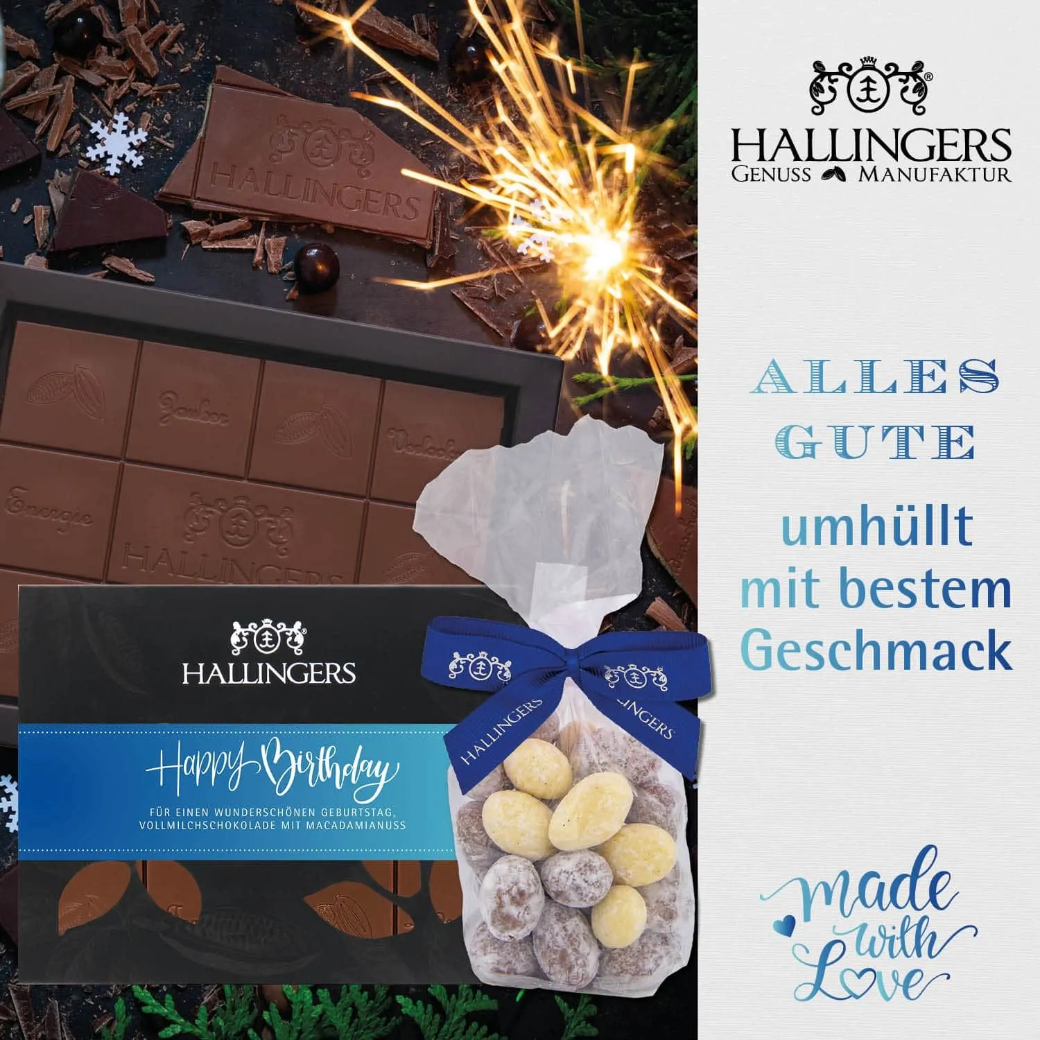 BESONDERS STATT GEWÖHNLICH - Edition \Happy Birthday Blue\: Während andere auf Masse setzen, entsteht echter Feinkost-Genuss durch perfekt abgestimmte Spezialitäten (großes Mitbringsel Kaffee Schokolade 9er Pralinen Mandeln & Gewürz)