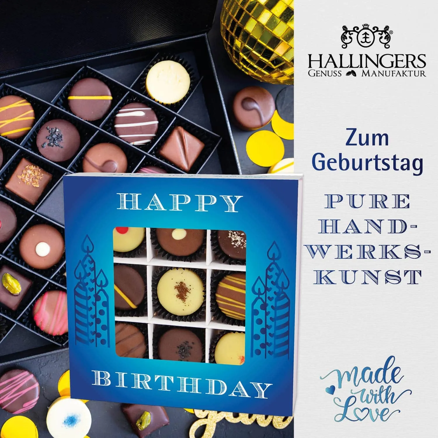 Happy Birthday Blue (großes Mitbringsel Kaffee Schokolade 9er Pralinen Mandeln & Gewürz) - Feinkost-Set, XXL-Geschenkkorb Gourmet