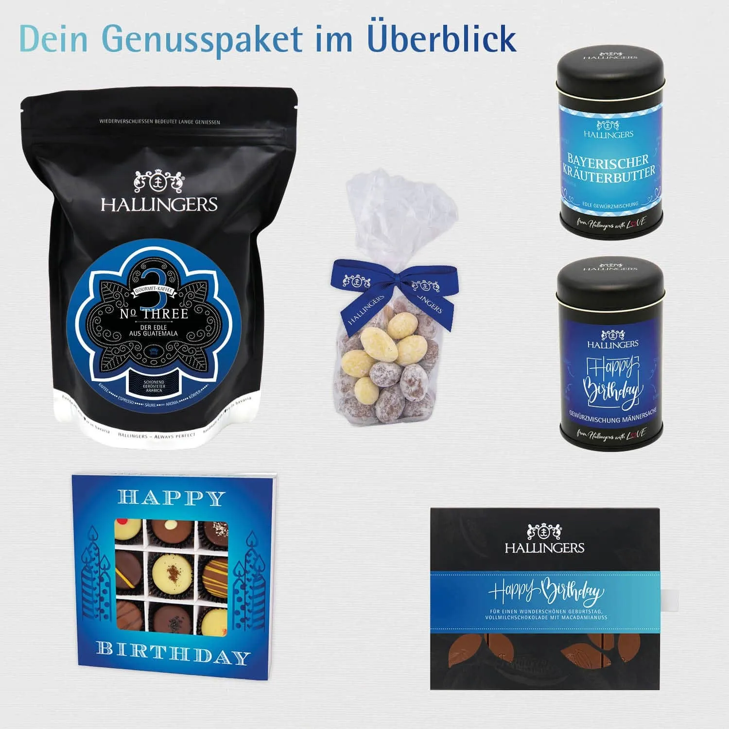 Happy Birthday Blue (großes Mitbringsel Kaffee Schokolade 9er Pralinen Mandeln & Gewürz) - Feinkost-Set, XXL-Geschenkkorb Gourmet