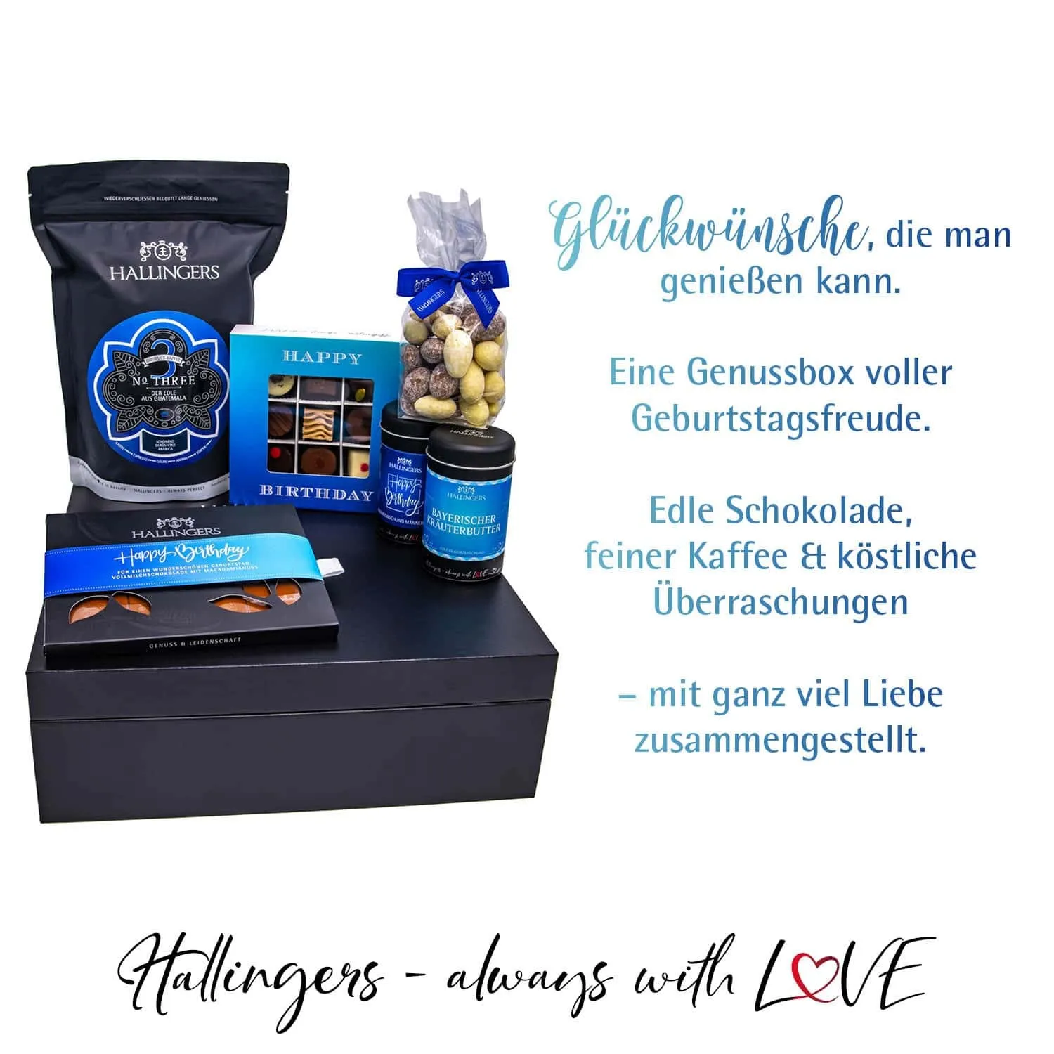 Happy Birthday Blue (großes Mitbringsel Kaffee Schokolade 9er Pralinen Mandeln & Gewürz) - Feinkost-Set, XXL-Geschenkkorb Gourmet