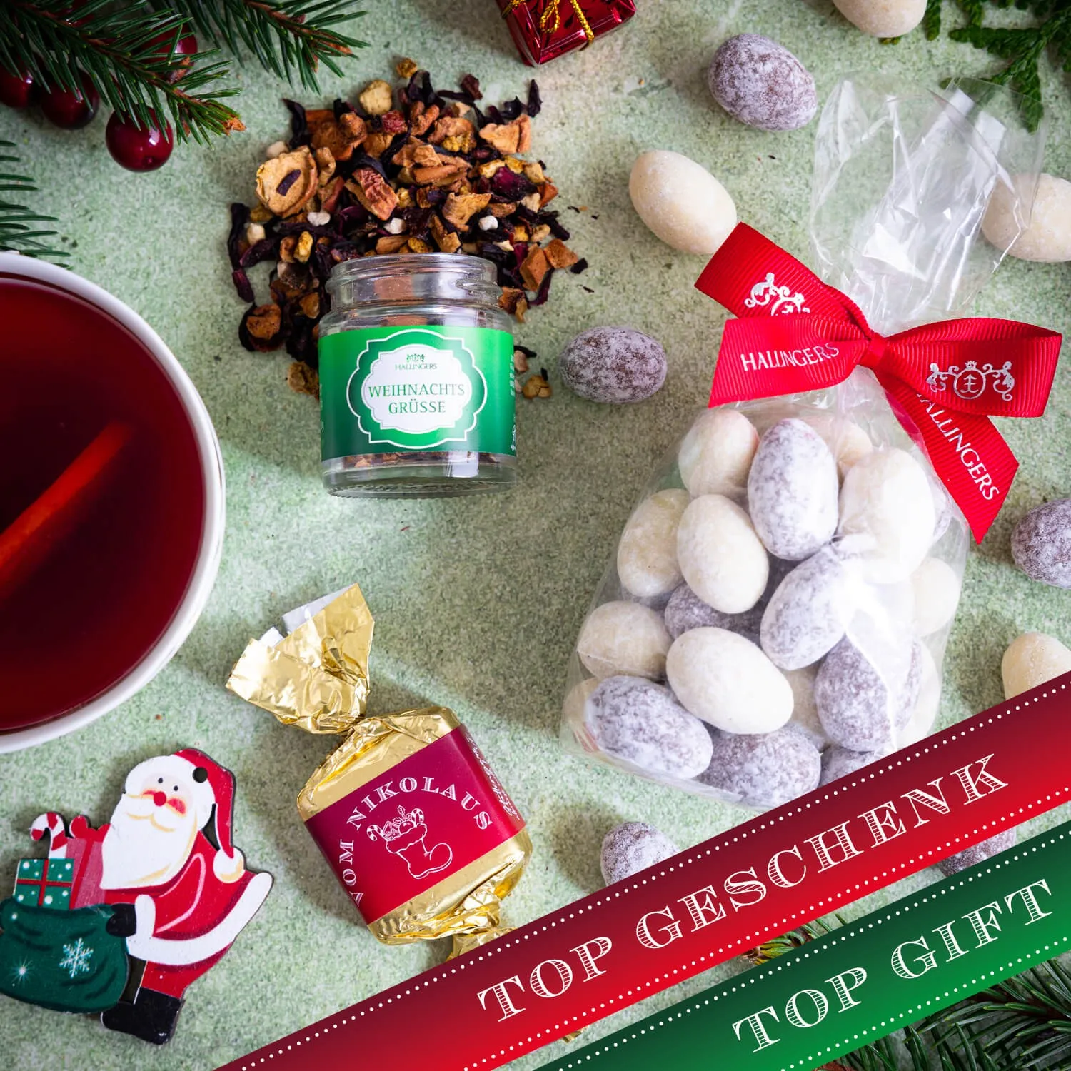 BESONDERS STATT GEWÖHNLICH - Edition \Gruß vom Nikolaus\: Während andere auf Masse setzen, entsteht echter Feinkost-Genuss durch perfekt abgestimmte Spezialitäten (kleines Mitbringsel NougatBusserl Nougatmandeln & Xmas-Tee)