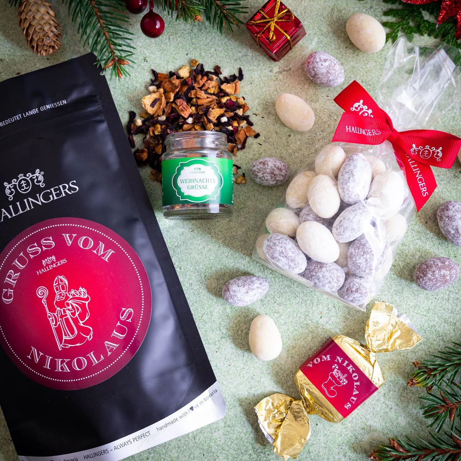 Gruß vom Nikolaus (kleines Mitbringsel NougatBusserl Nougatmandeln & Xmas-Tee) - Feinkost-Set, Gourmet-Auswahl Wundertüte