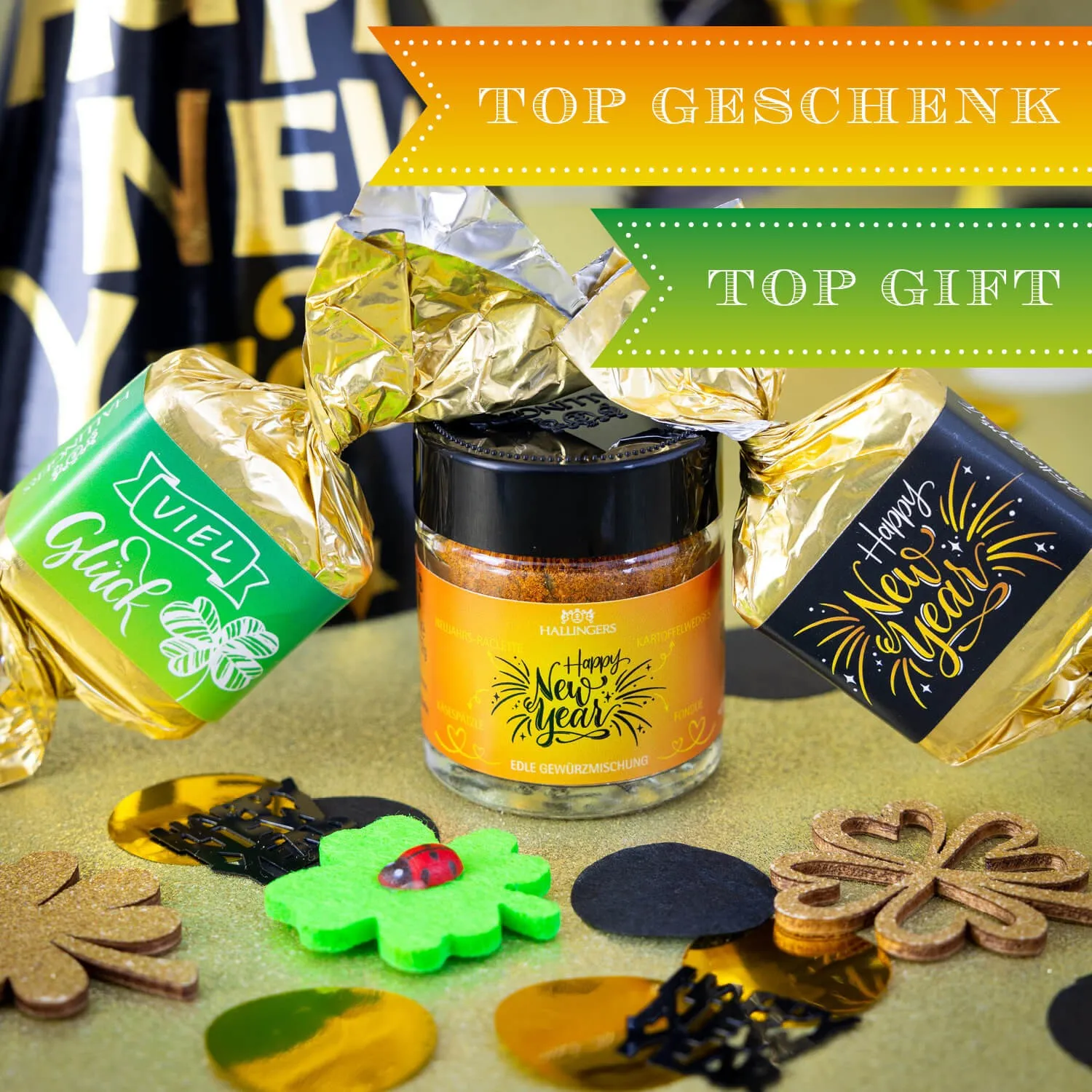 BESONDERS STATT GEWÖHNLICH - Edition \Happy New Year\: Während andere auf Masse setzen, entsteht echter Feinkost-Genuss durch perfekt abgestimmte Spezialitäten (kleines Mitbringsel 2 Nougat-Busserl & 1 Neujahrs-Gewürz)