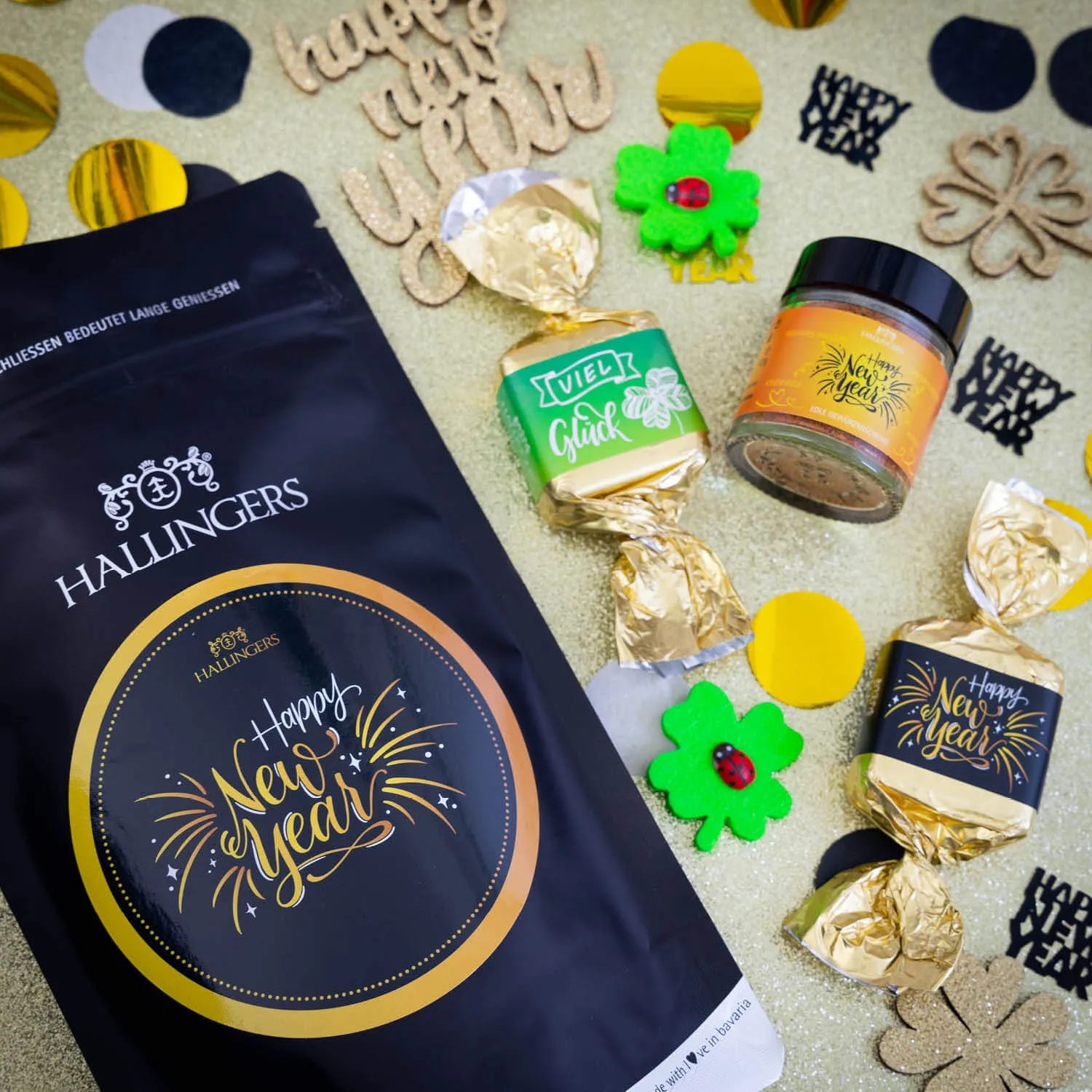 Happy New Year (kleines Mitbringsel 2 Nougat-Busserl & 1 Neujahrs-Gewürz) - Feinkost-Set, Gourmet-Auswahl Wundertüte