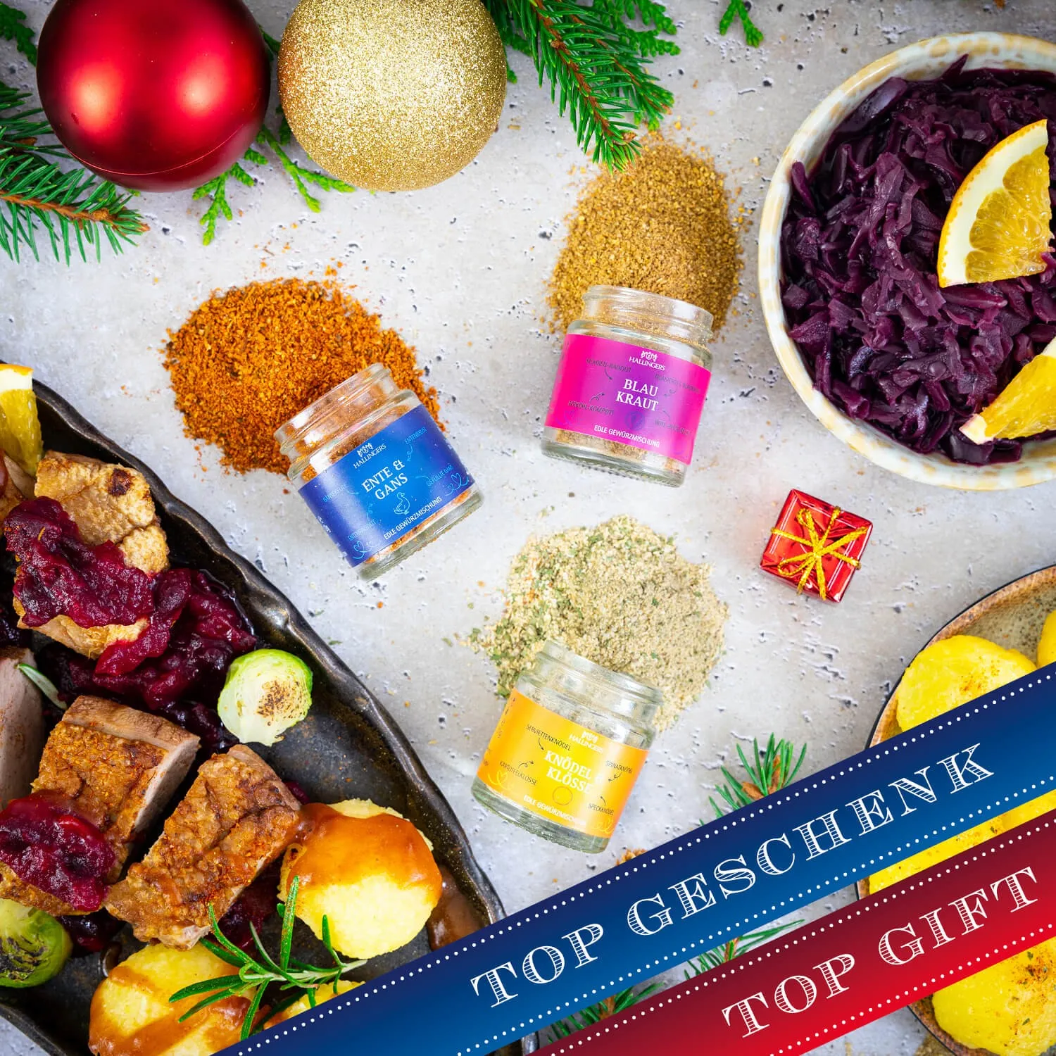 BESONDERS STATT GEWÖHNLICH - Edition \Merry Christmas\: Während andere auf Masse setzen, entsteht echter Feinkost-Genuss durch perfekt abgestimmte Spezialitäten (kleines Mitbringsel 3 Gewürze Knödel/Kloß, Blaukraut & Ente/Gans)