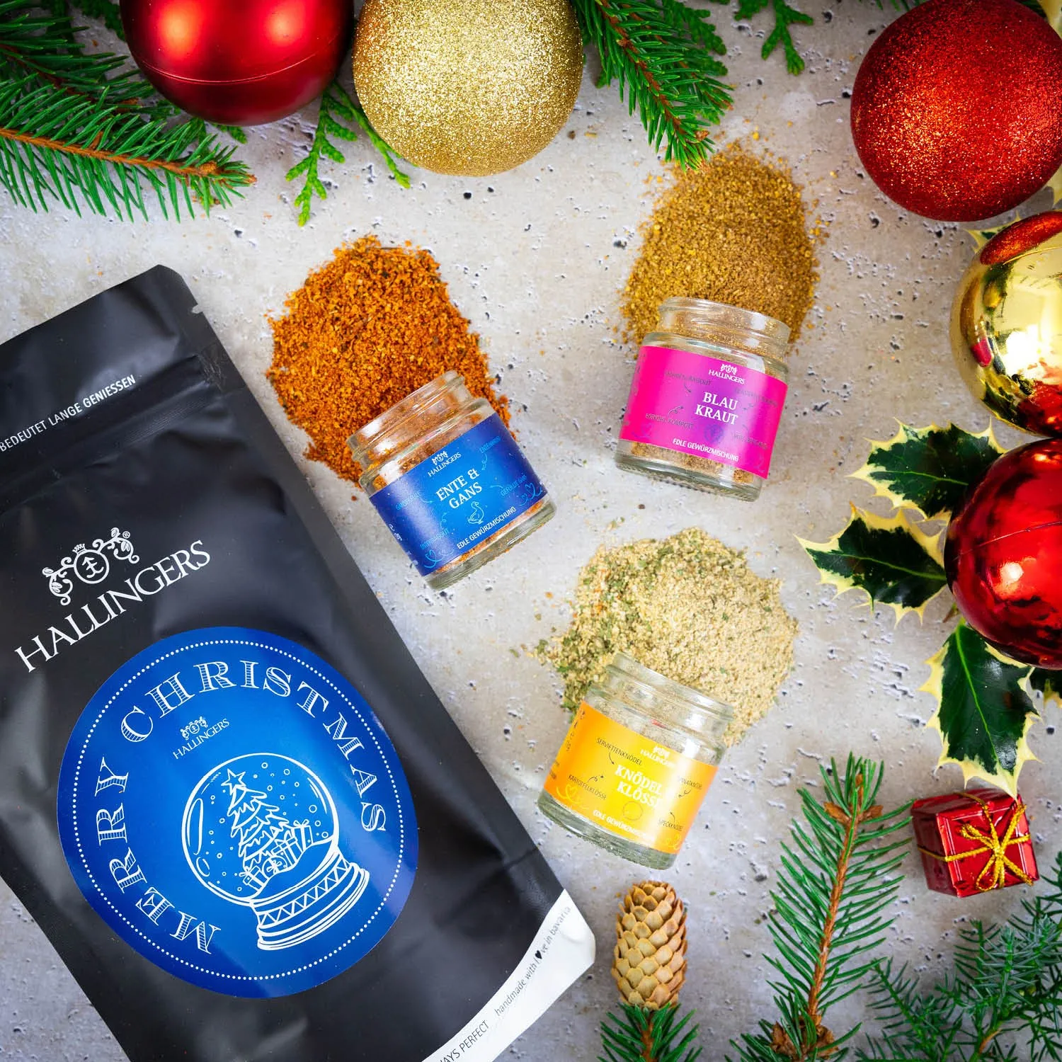 Merry Christmas (kleines Mitbringsel 3 Gewürze Knödel/Kloß, Blaukraut & Ente/Gans) - Feinkost-Set, Gourmet-Auswahl Wundertüte