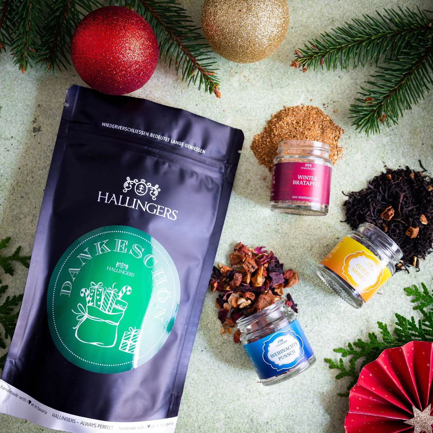 Dankeschön (kleines Mitbringsel 2 Weihnachts-Tees & 1 Winter-Gewürz im Glas) - Feinkost-Set, Gourmet-Auswahl Wundertüte
