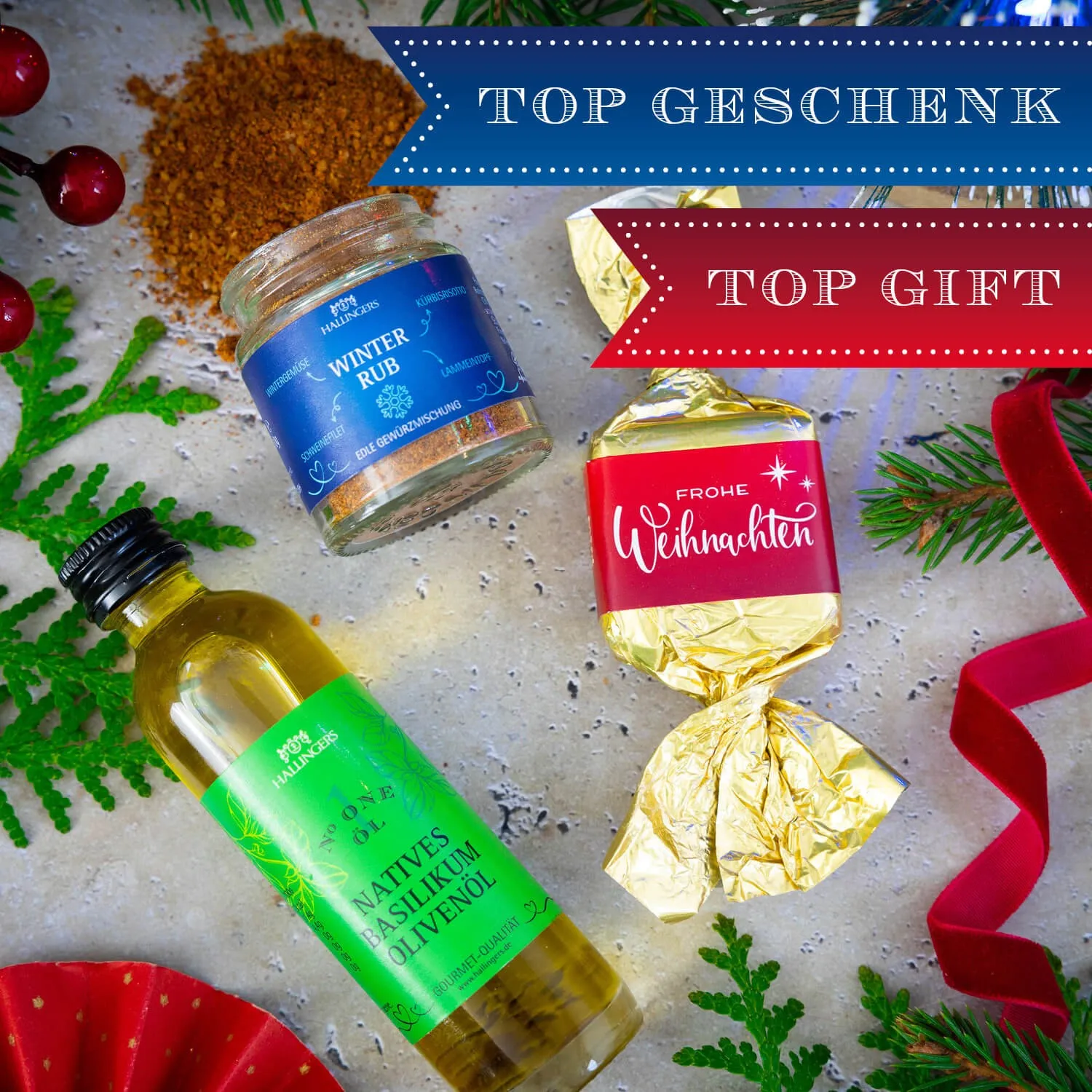BESONDERS STATT GEWÖHNLICH - Edition \Fröhliche Weihnachten\: Während andere auf Masse setzen, entsteht echter Feinkost-Genuss durch perfekt abgestimmte Spezialitäten (kleines Mitbringsel mit Nougat-Busserl Oliven-Öl & Gewürz)