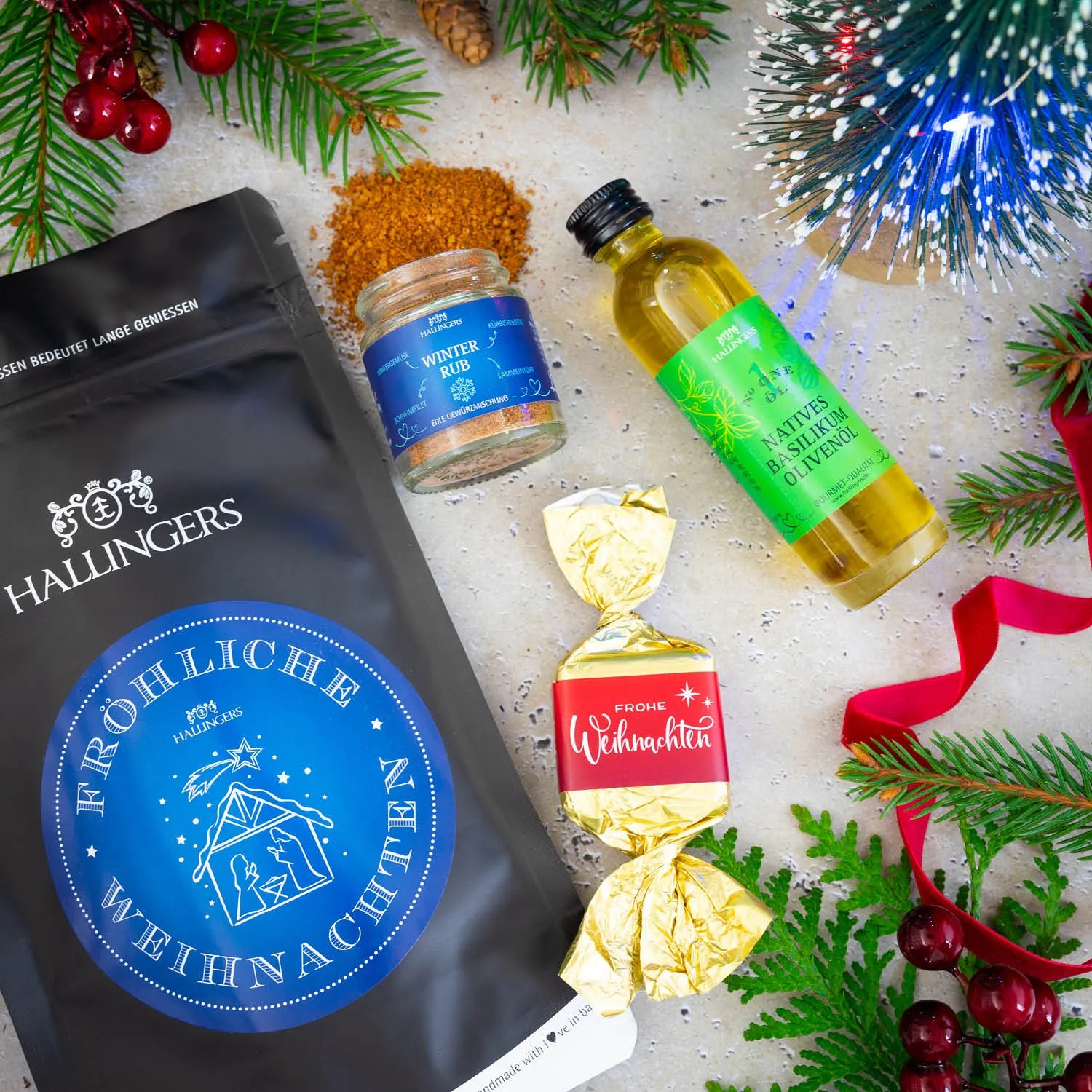 Fröhliche Weihnachten (kleines Mitbringsel mit Nougat-Busserl Oliven-Öl & Gewürz) - Feinkost-Set, Gourmet-Auswahl Wundertüte