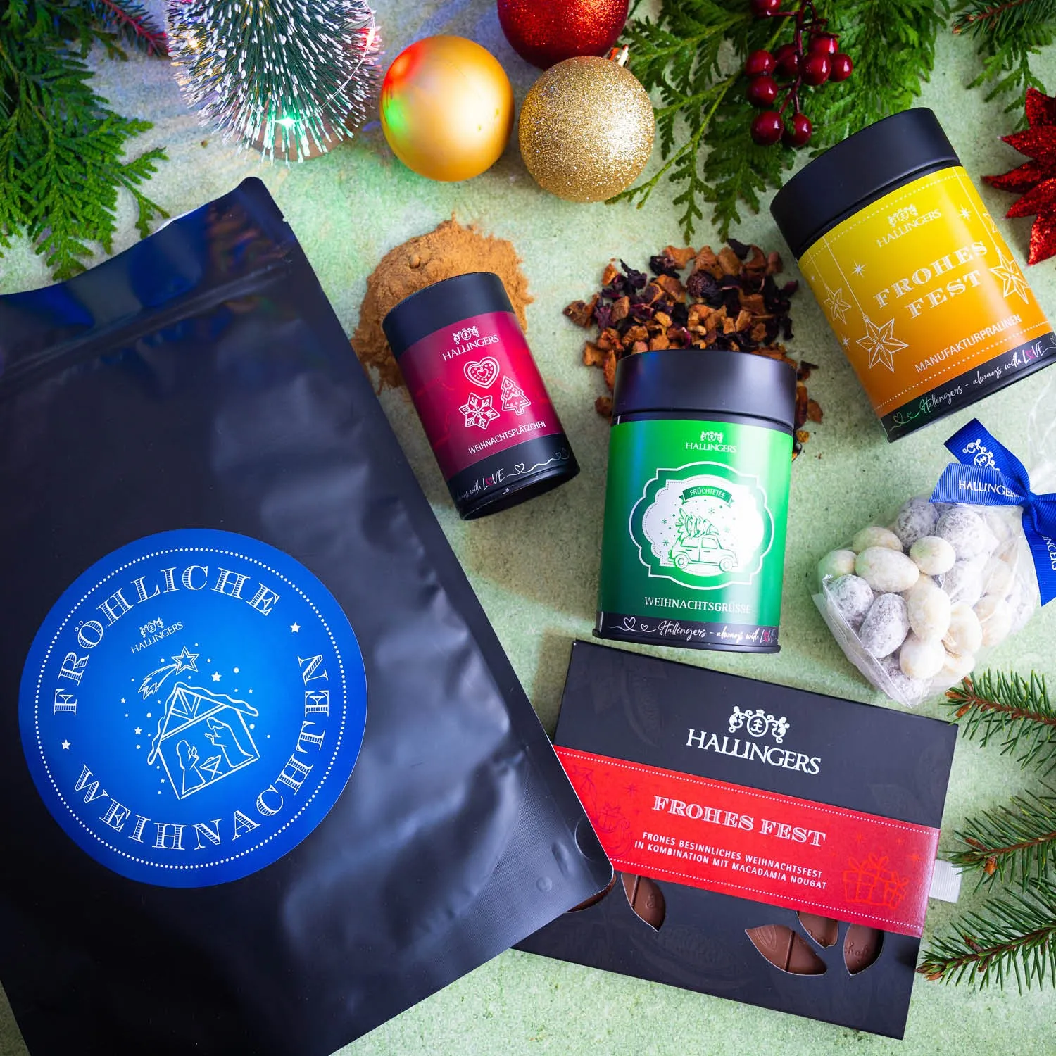 Fröhliche Weihnachten XXL (großes Mitbringsel Schokolade Tee Pralinen Nougat-Mandeln & Gewürz) - Feinkost-Set, XXL-Wundertüte Gourmet