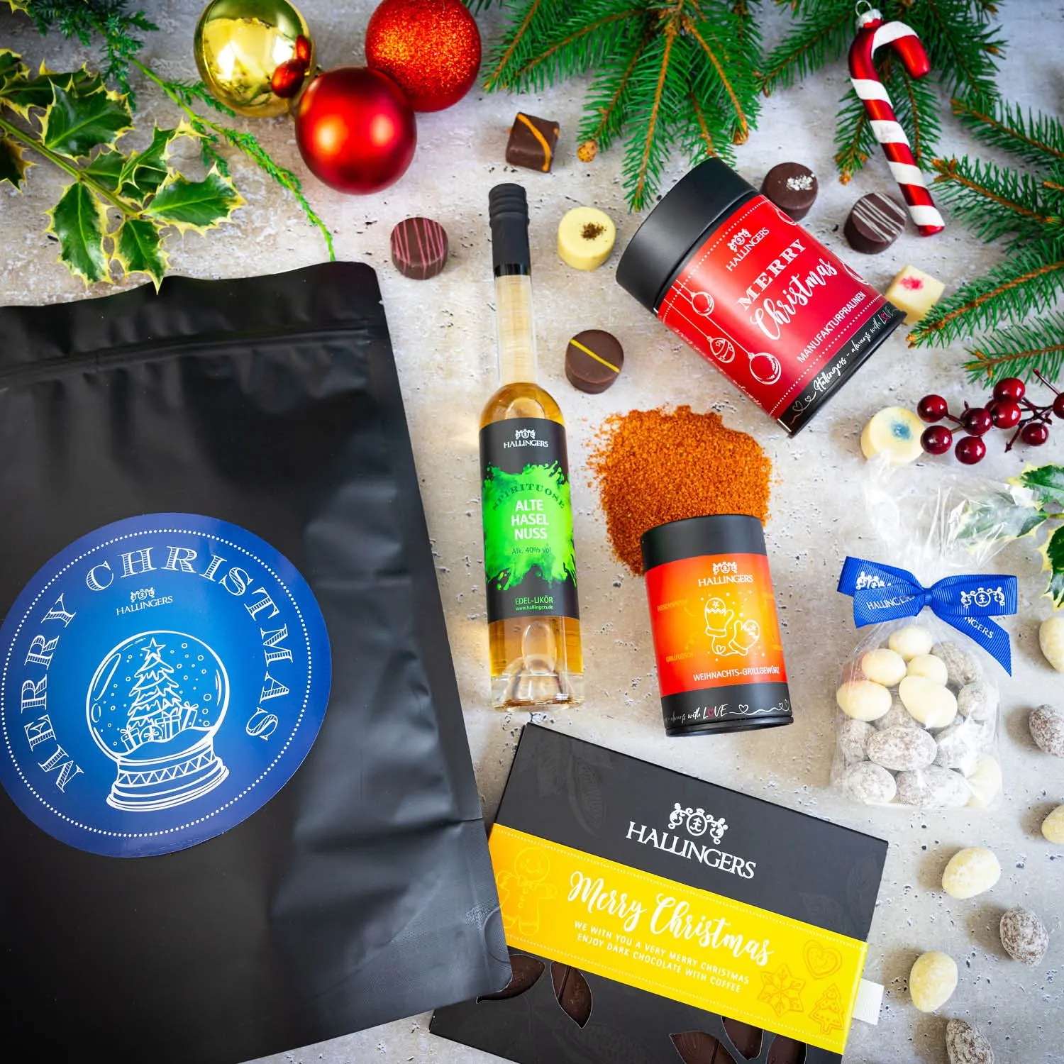 Merry Christmas XXL (großes Mitbringsel Schokolade, Pralinen, Mandeln, Haselnuss-Likör & Gewürz) - Feinkost-Set, XXL-Wundertüte Gourmet