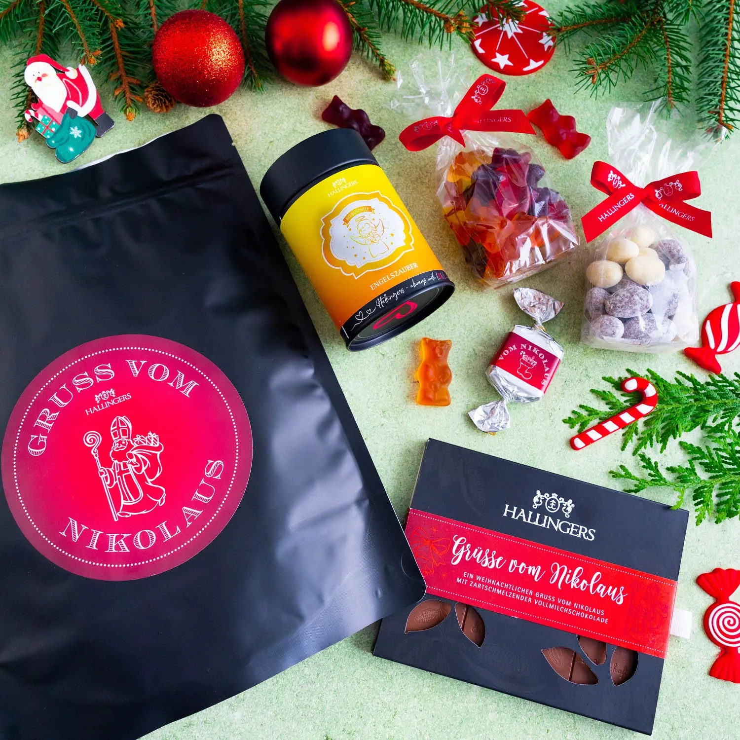 Gruß vom Nikolaus XXL (großes Mitbringsel Schokolade, Nougat, Fruchtsaftbärchen, Mandeln & Tee) - Feinkost-Set, XXL-Wundertüte Gourmet