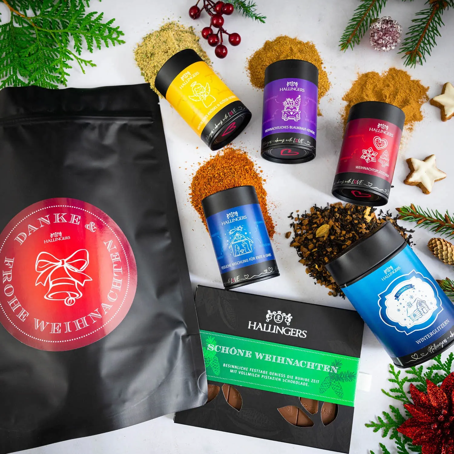 Danke & Frohe Weihnachten XXL (großes Mitbringsel Tafel Schokolade WinterglitzernTee & XMS-Gewürze) - Feinkost-Set, XXL-Wundertüte Gourmet