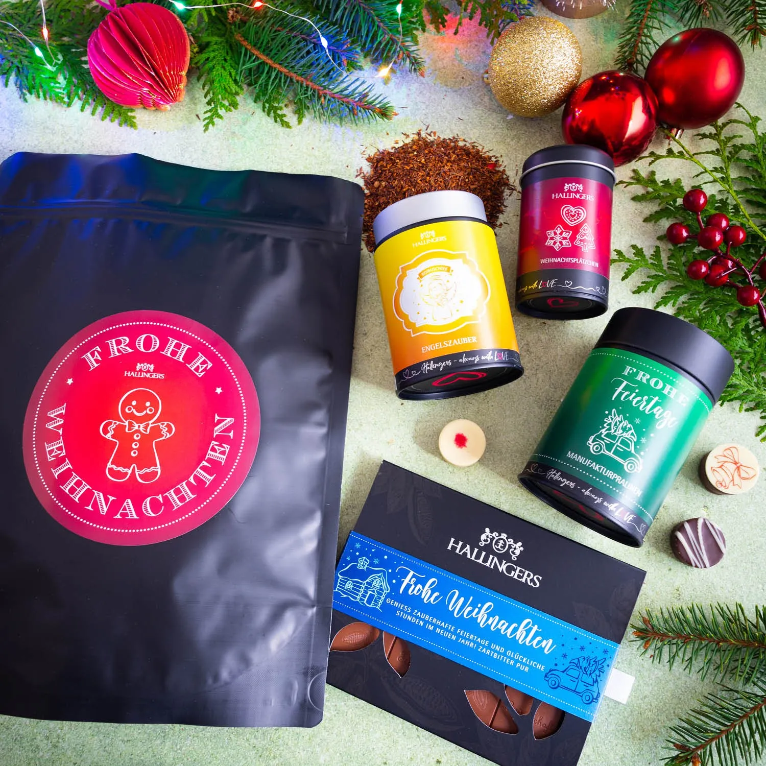 Frohe Weihnachten XXL (großes Mitbringsel Schokolade Pralinen Engelszauber-Tee & XMS-Gewürz) - Feinkost-Set, XXL-Wundertüte Gourmet