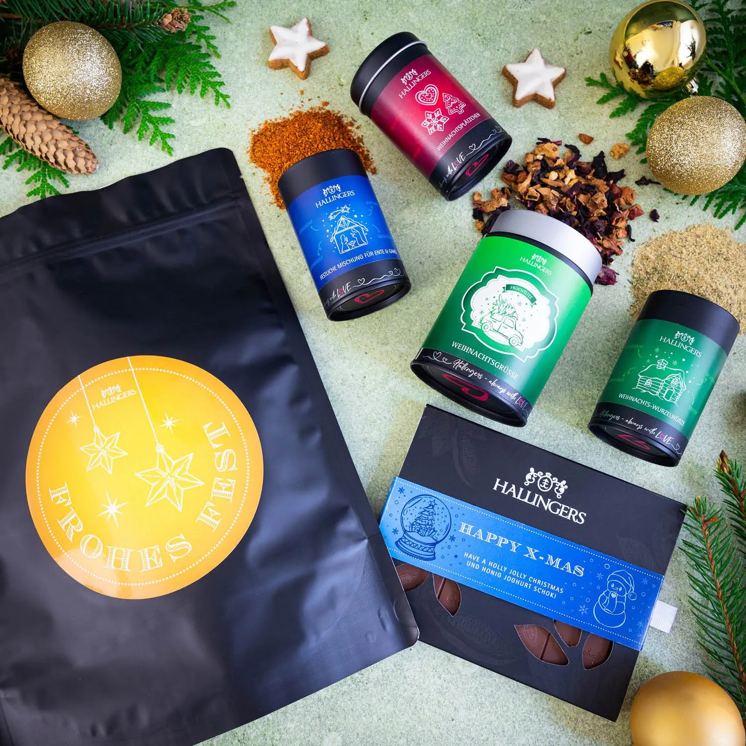 Frohes Fest XXL (großes Mitbringsel Tafel Schokolade, Weihnachtsgrußtee & 3 Herbst-Gewürze) - Feinkost-Set, XXL-Wundertüte Gourmet