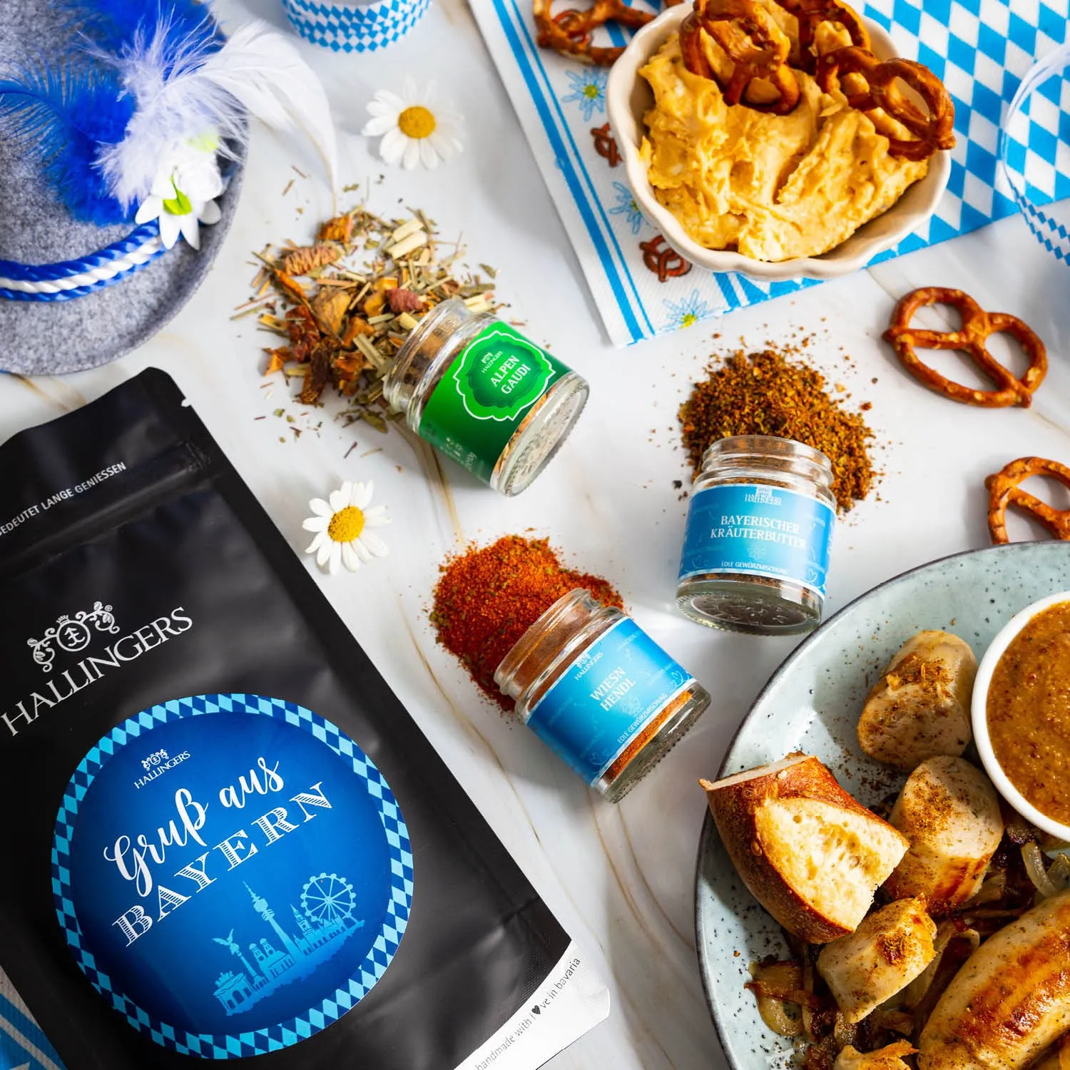 Gruß aus Bayern (kleines Mitbringsel zünftig Kräutertee, Hendl- & Kräuterbuttergewürz) - Feinkost-Set, Gourmet-Auswahl Wundertüte