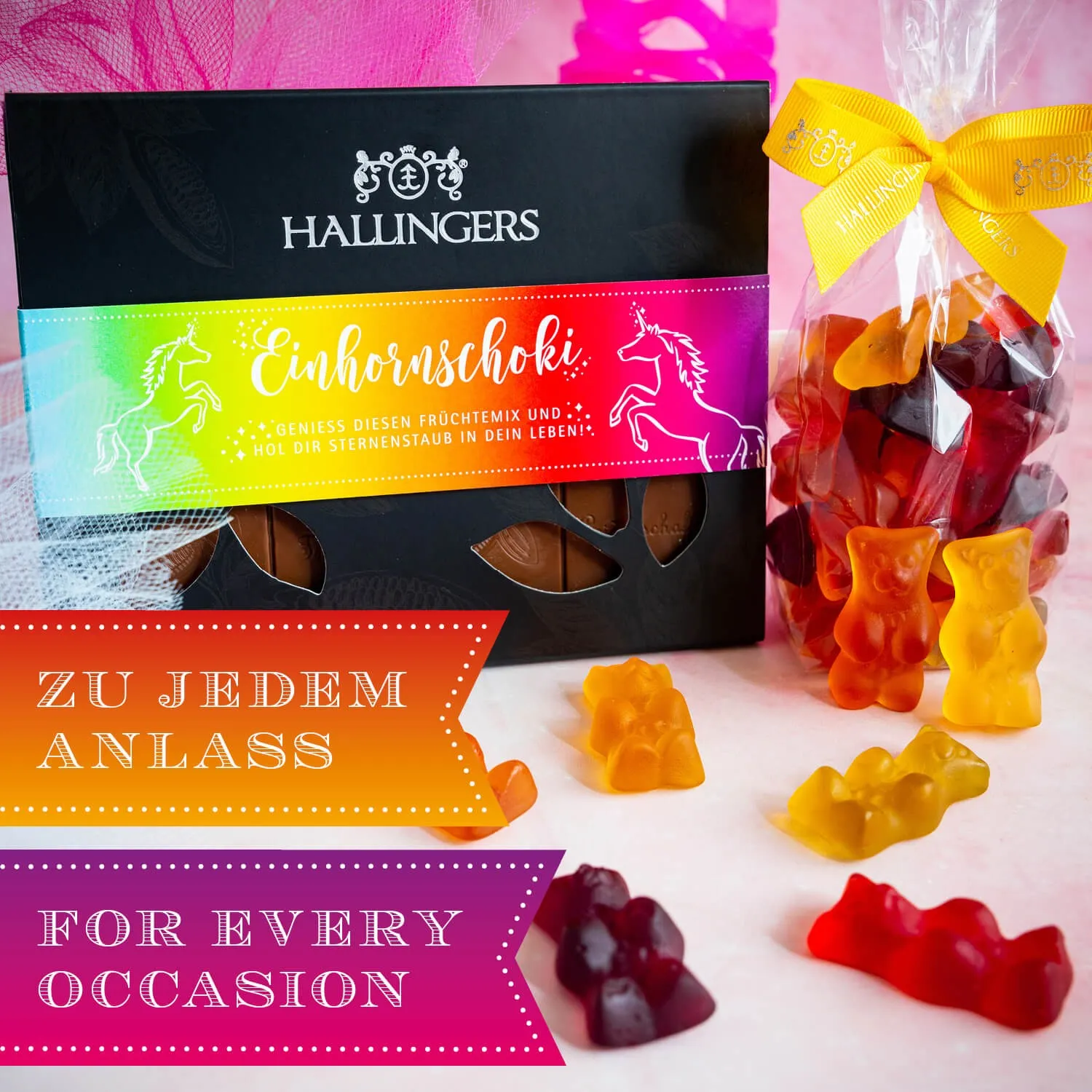 BESONDERS STATT GEWÖHNLICH - Edition \Für Einhorn Fans\: Während andere auf Masse setzen, entsteht echter Feinkost-Genuss durch perfekt abgestimmte Spezialitäten (großes Mitbringsel Tafel Schokolade, Pralinen & große Fruchtsaftbärchen)